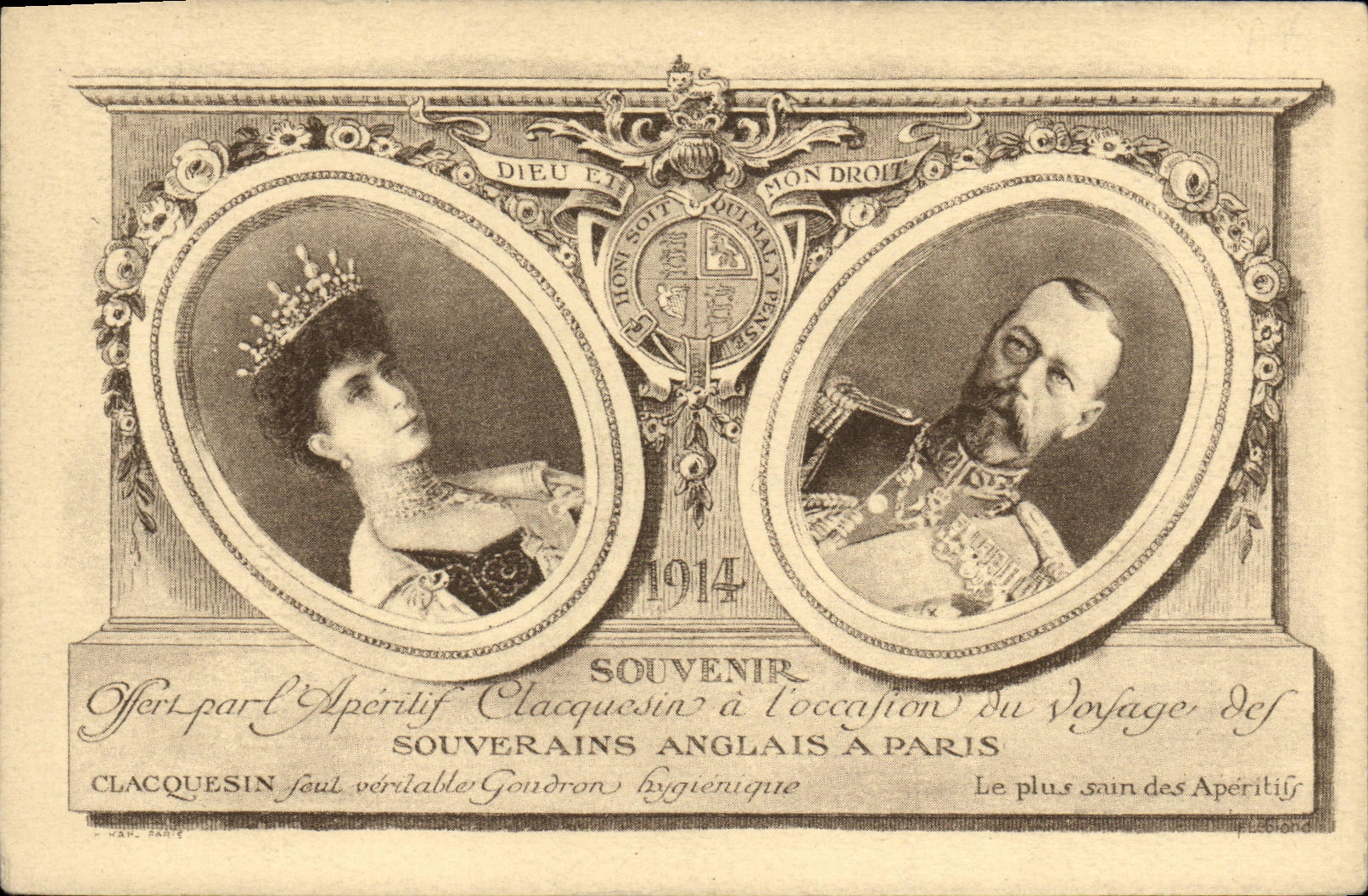 VINTAGE POSTCARD Souvenir offered by L Clacquesin aperitif has L occasion of the voyage of the sovereigns English 1914
