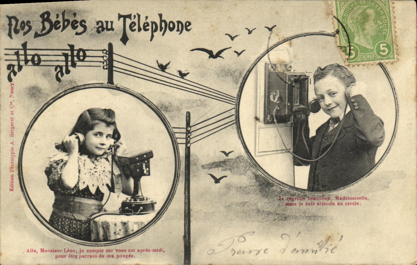 CPA Fantaisie Nos bebes au telephone