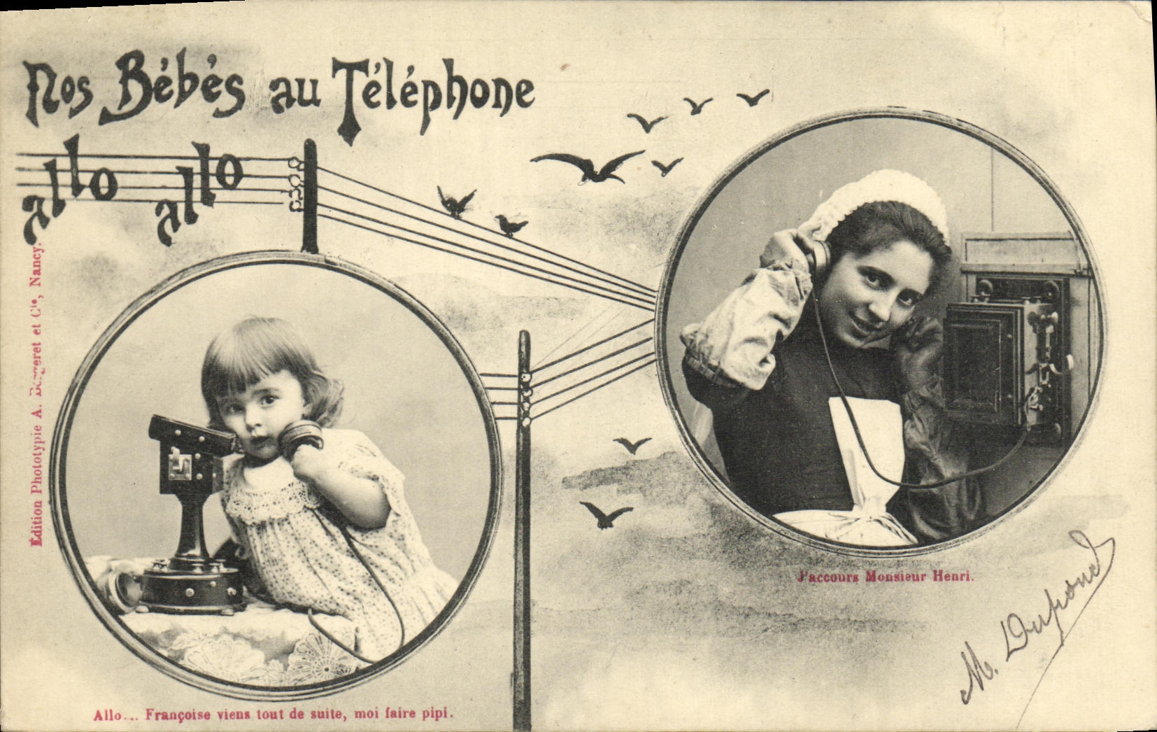 CPA Fantaisie Nos bebes au telephone