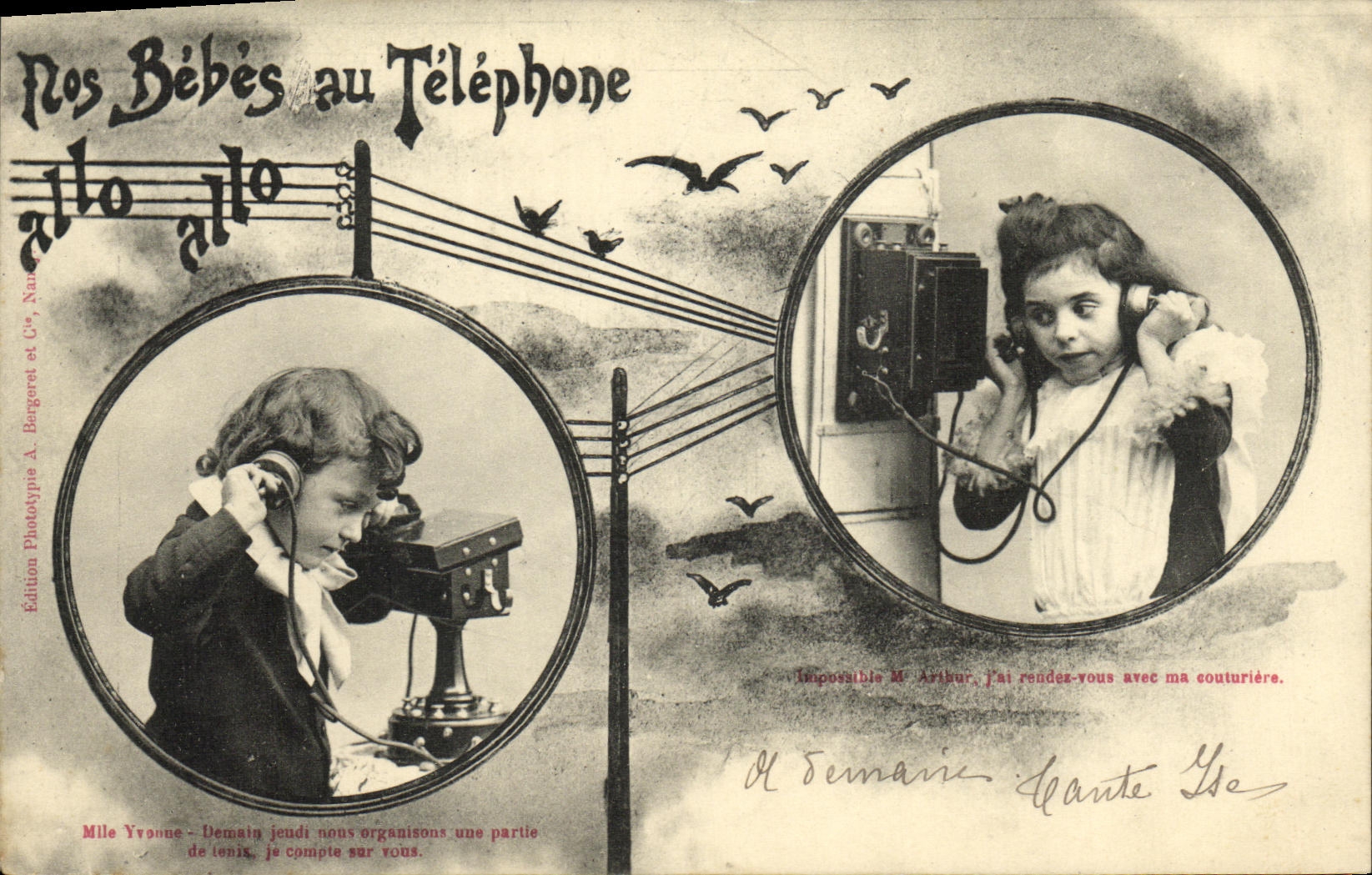 CPA Fantaisie Nos bebes au telephone