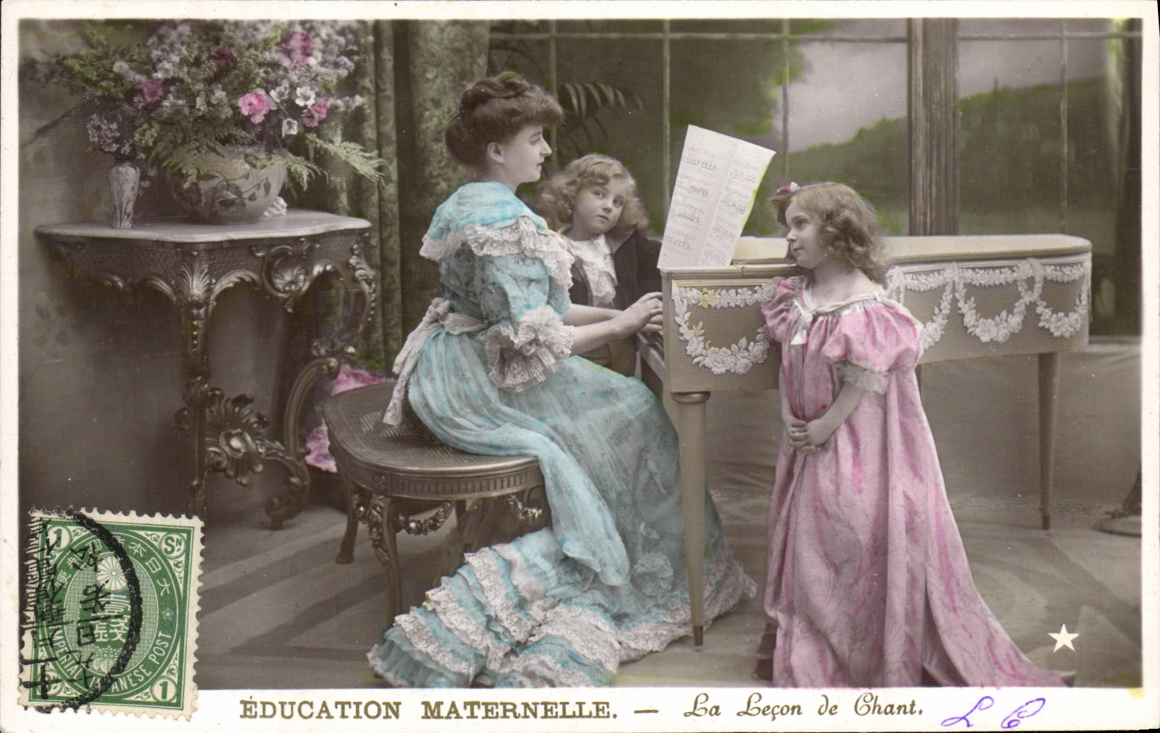 VINTAGE POSTCARD Fantasy Woman Children Piano Harpsichord