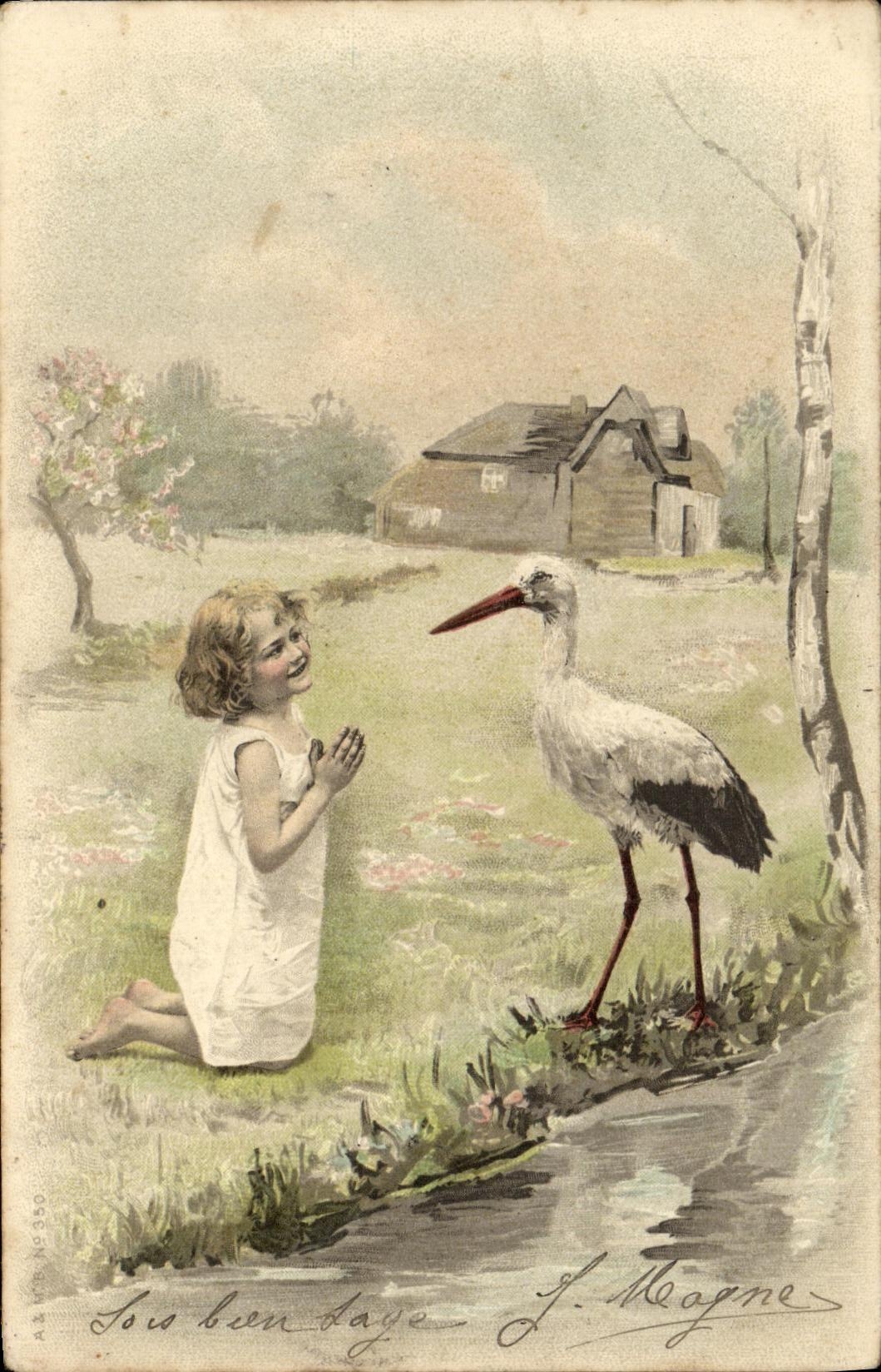 VINTAGE POSTCARD Fantasy Child and stork