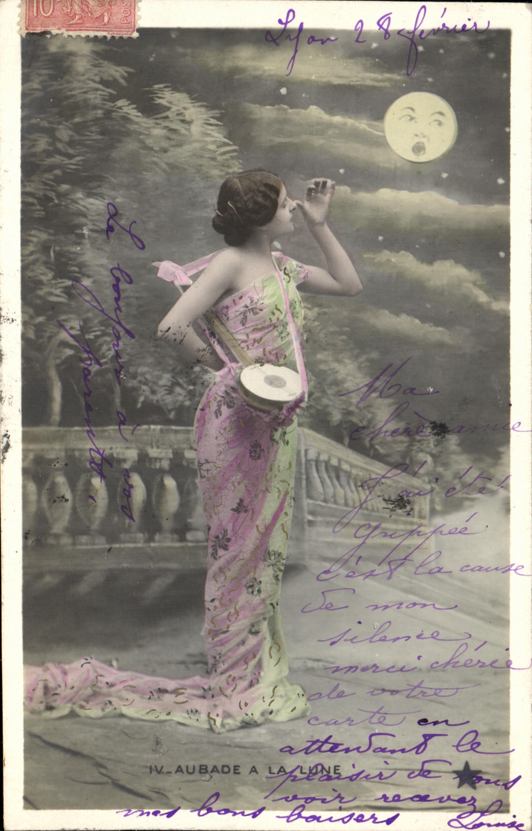 CPA Fantaisie Femme Lune Aubade a la lune