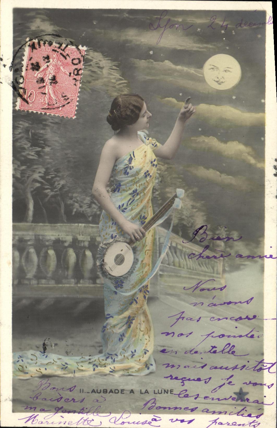 CPA Fantaisie Femme Aubade a la lune