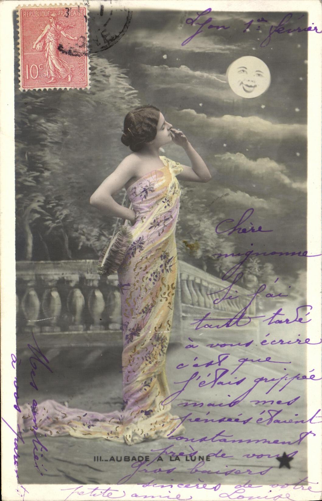 CPA Fantaisie Femme Aubade a la lune