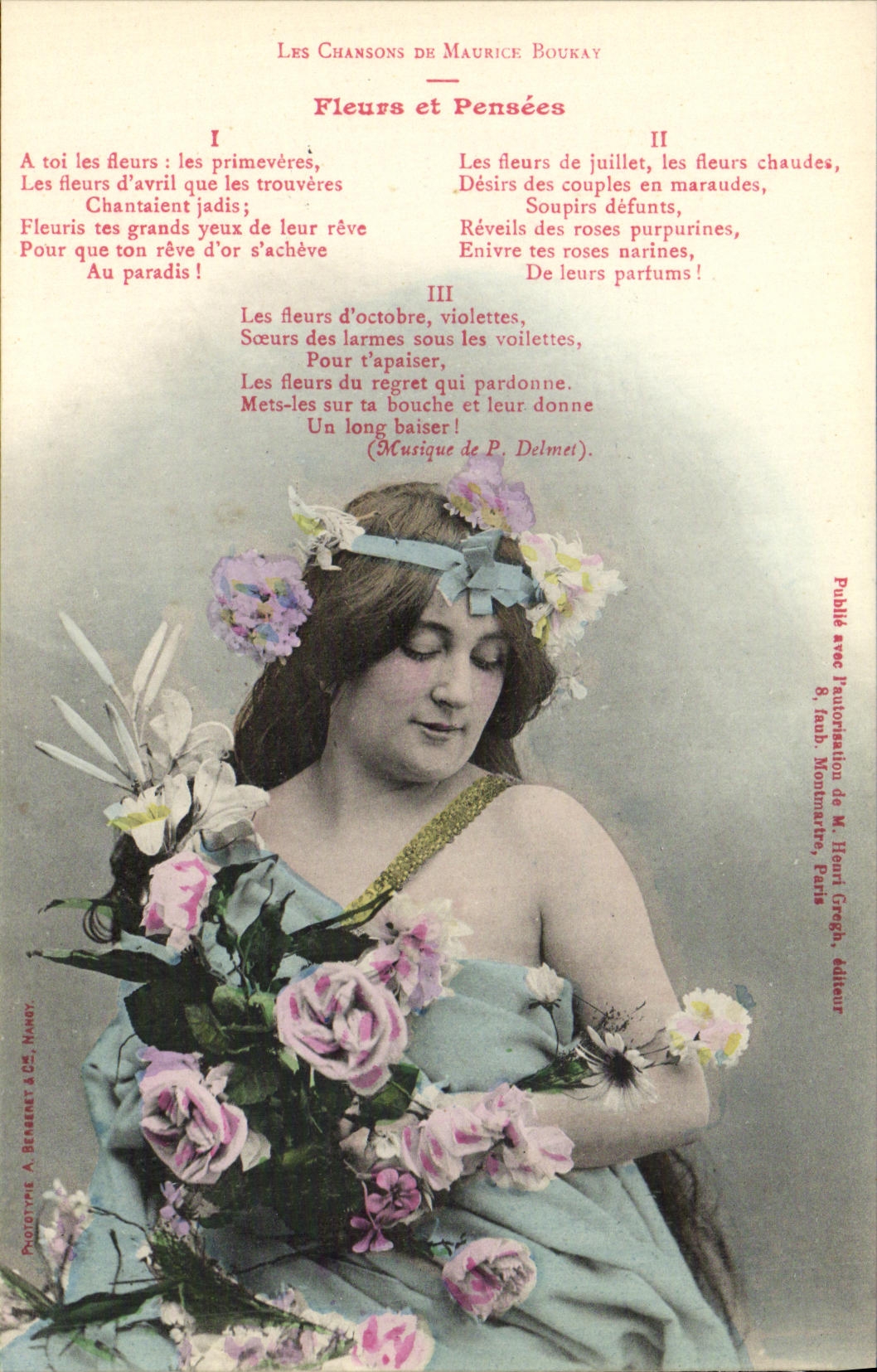 VINTAGE POSTCARD Fantasy Woman songs of Maurice Boukat Flowers and thought