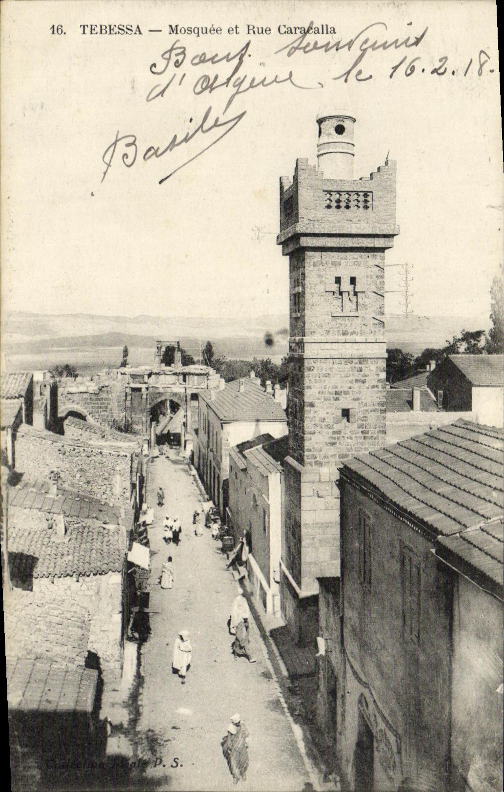VINTAGE POSTCARD Algeria Tebessa Mosque and street Caracalla