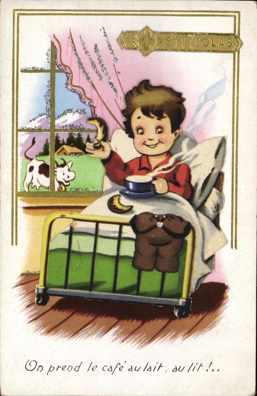 CPA Fantaisie Enfant dans son lit Vache