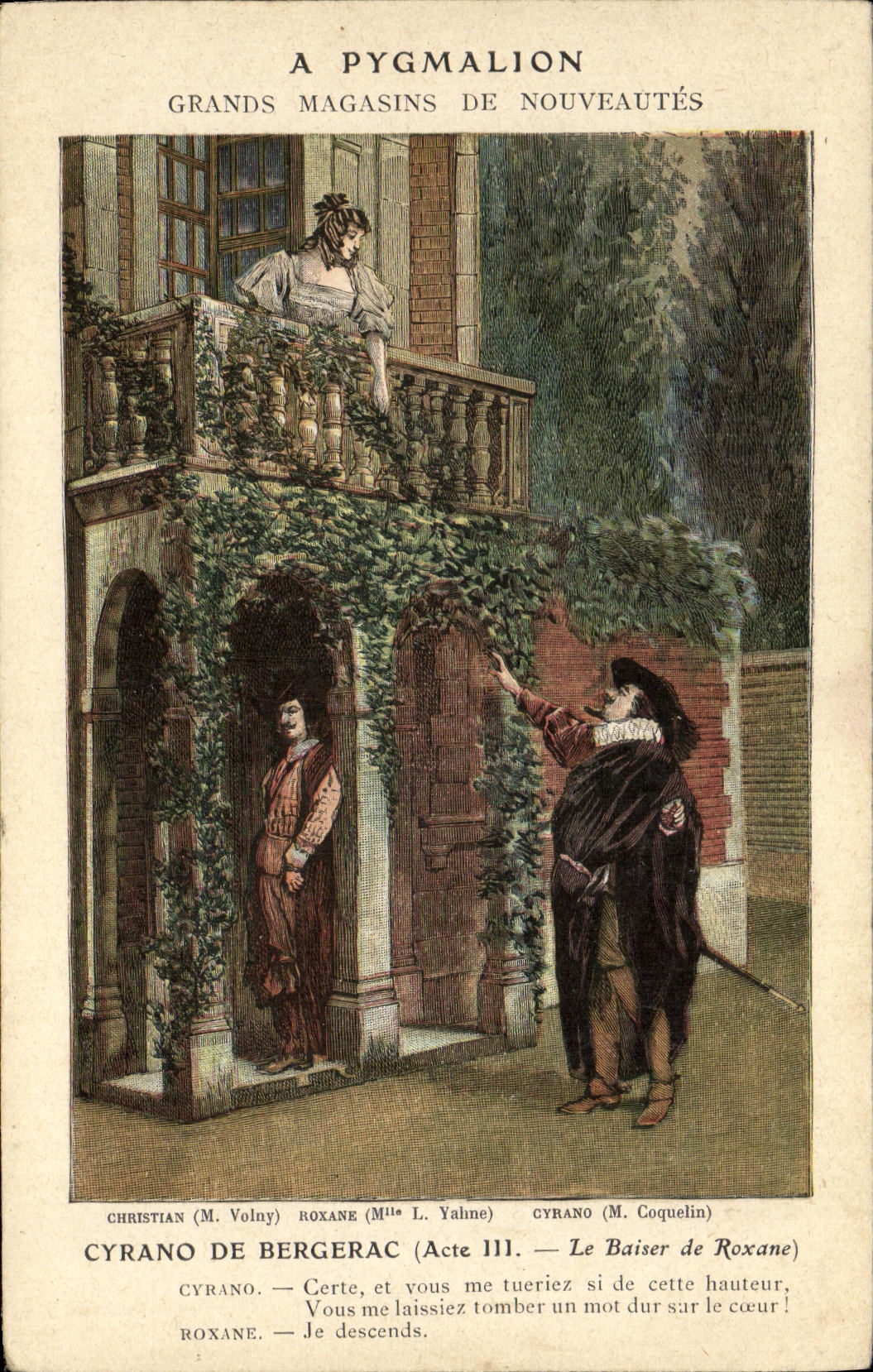 CPA Fantaisie Cyrano de Bergerac Rostand Le baiser de Roxane Pygmalion Boulevard de Sebastopol Paris 