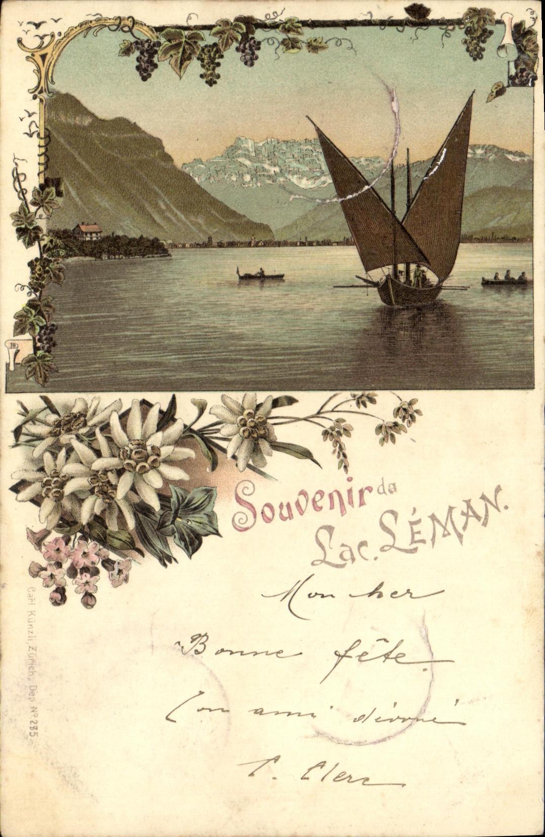 VINTAGE POSTCARD Swiss Boat Lake leman Flowers chart 1898 rare