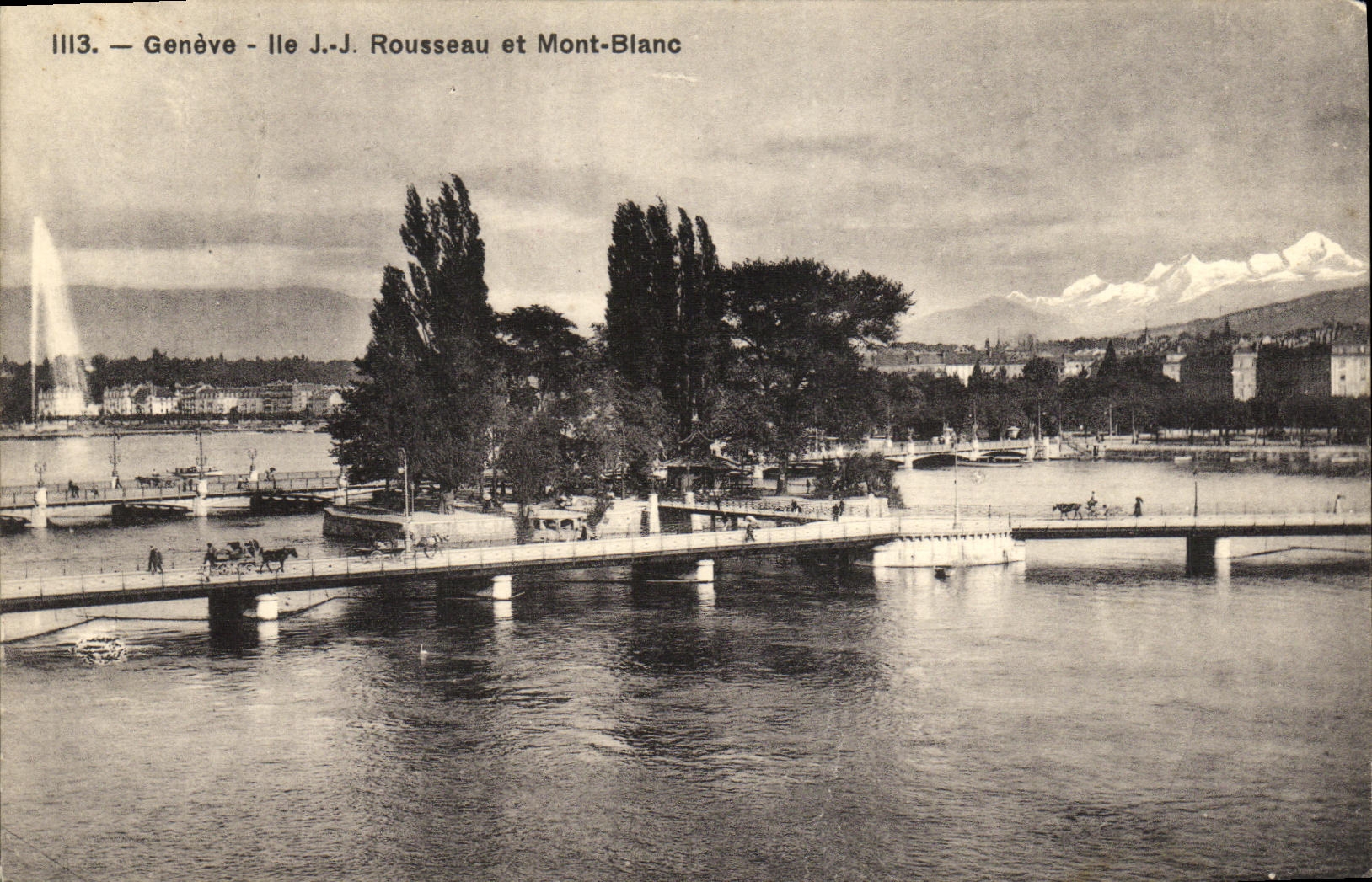 VINTAGE POSTCARD Geneva Island JJ Rousseau and Mont Blanc