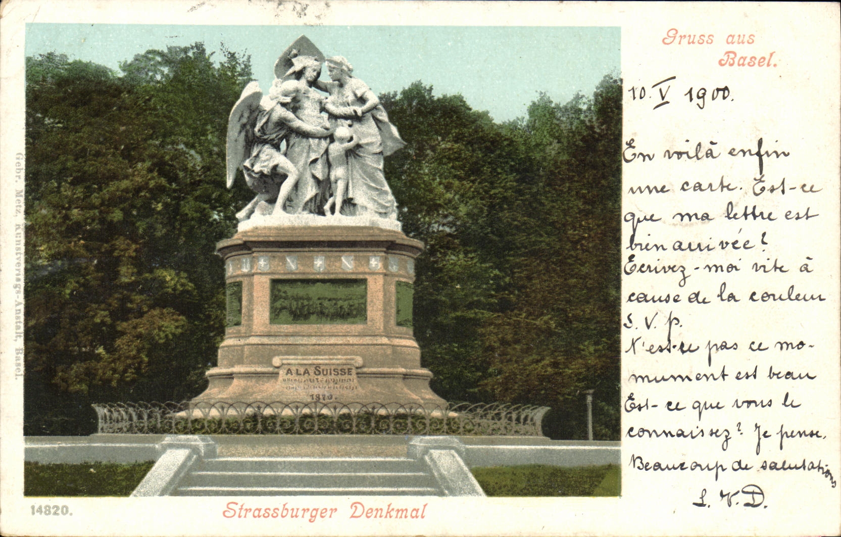 VINTAGE POSTCARD Swiss Gruss aus Basel Strassburger Denkmal