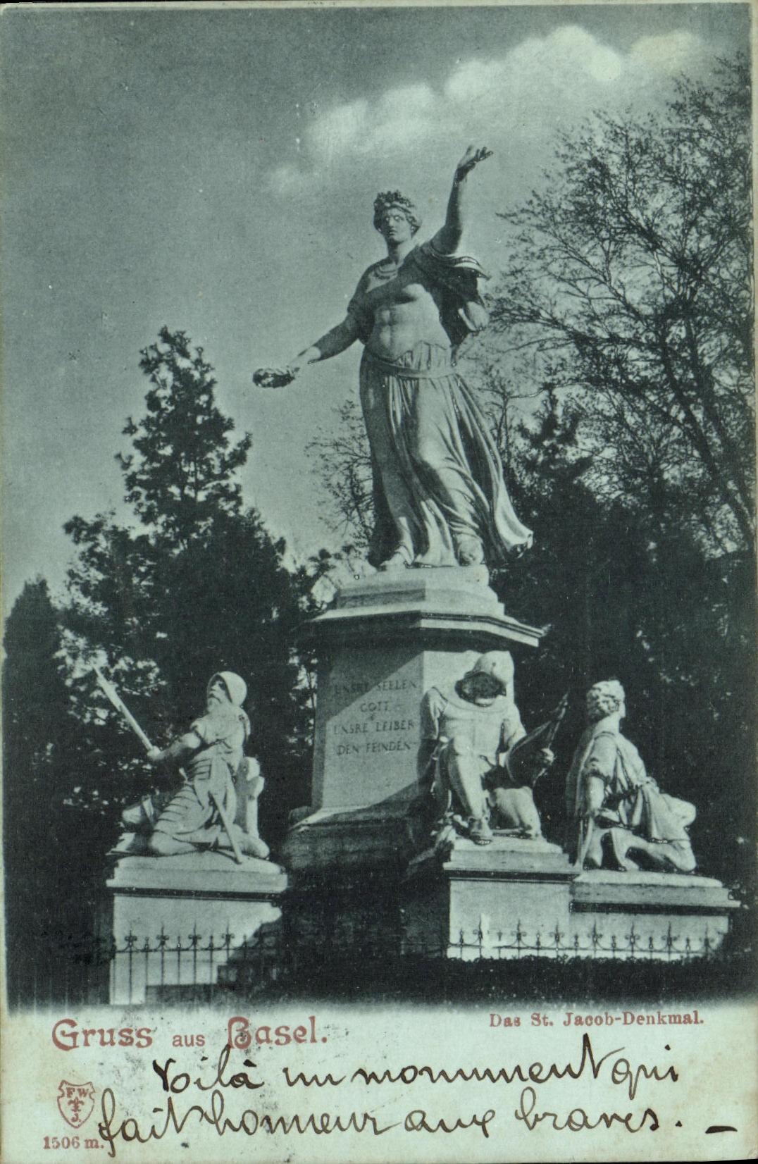 VINTAGE POSTCARD Swiss Gruss aus Basel St Jacob Denakmal Chart 1898