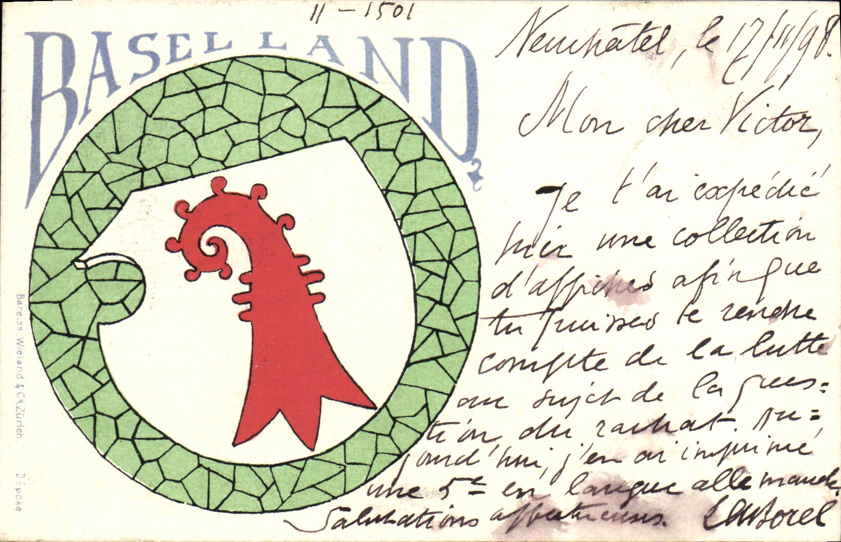 VINTAGE POSTCARD Swiss Basel Land Chart 1898