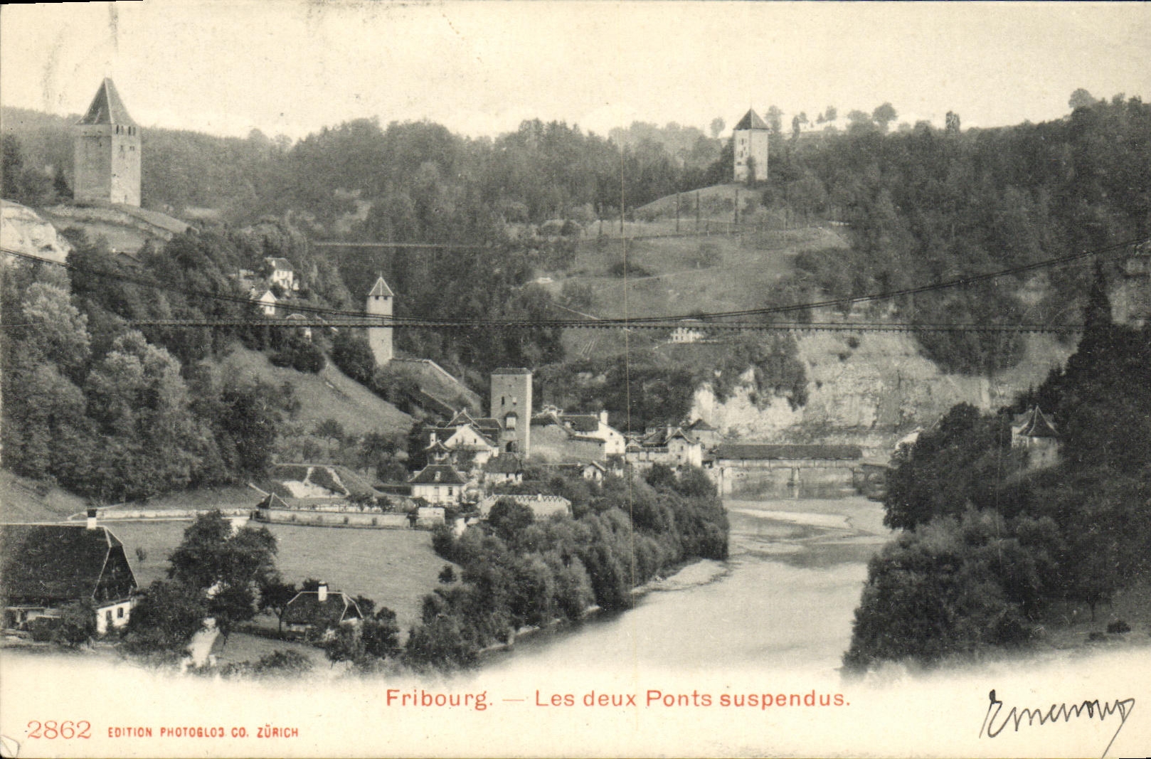 VINTAGE POSTCARD Swiss Freiburg two suspended bridges