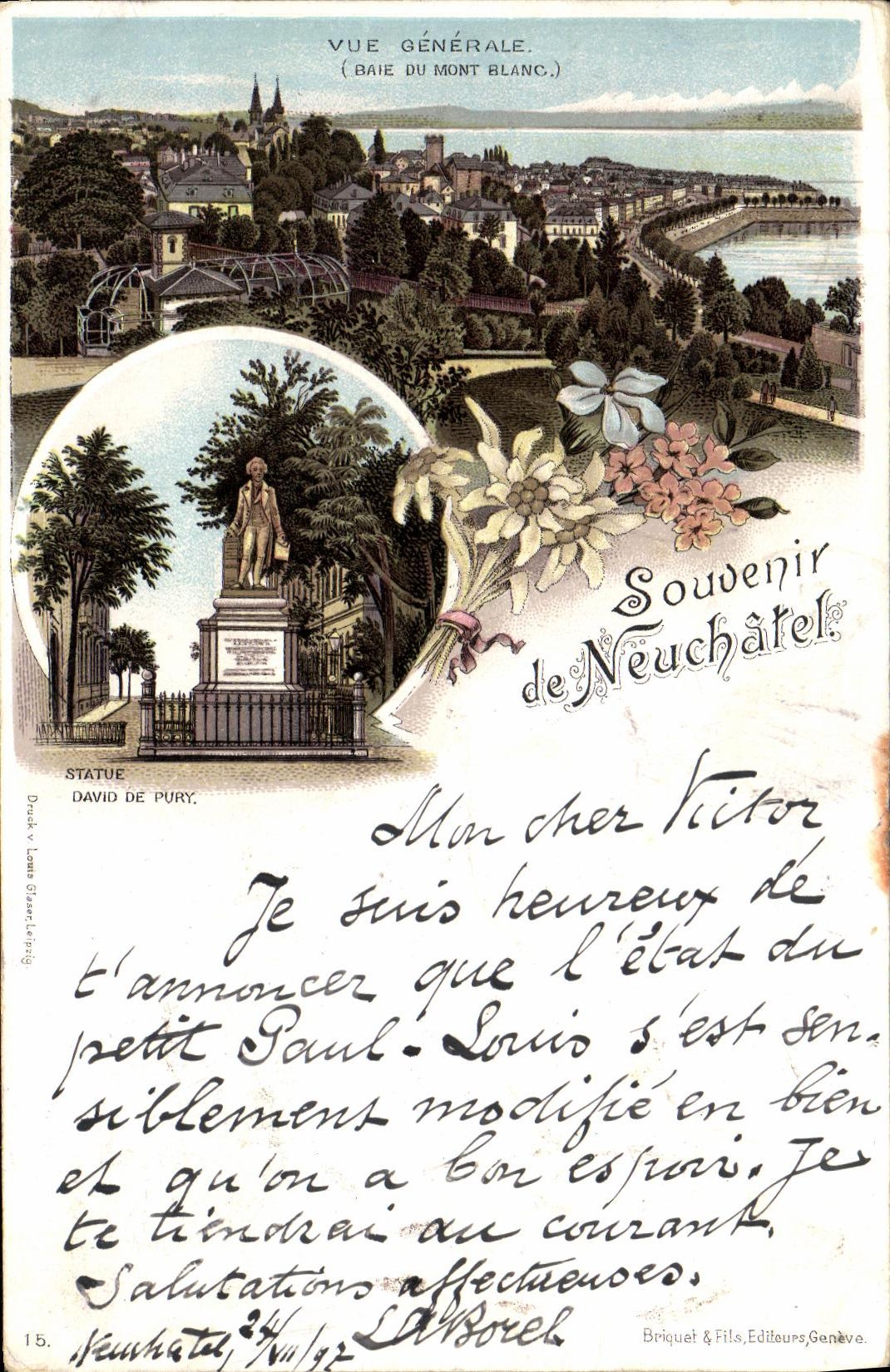 CPA Suisse Neuchatel Vue generale Baie du Mont Blanc Statue David de Pury Carte 1897