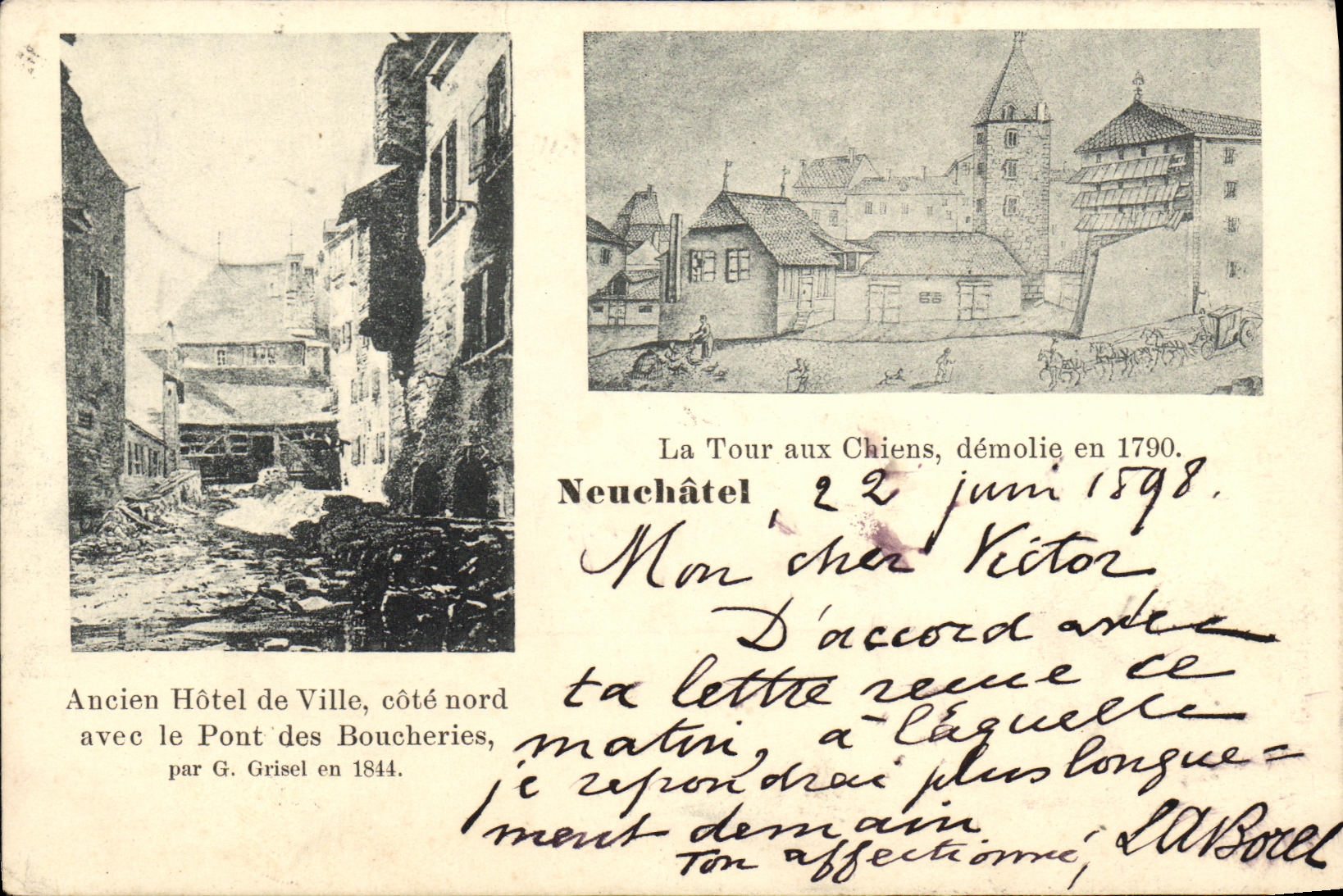 VINTAGE POSTCARD Swiss Neuchatel Turn with the dogs demolished in 1790 Old town hall with the bridge of Butcheries Chart 1898