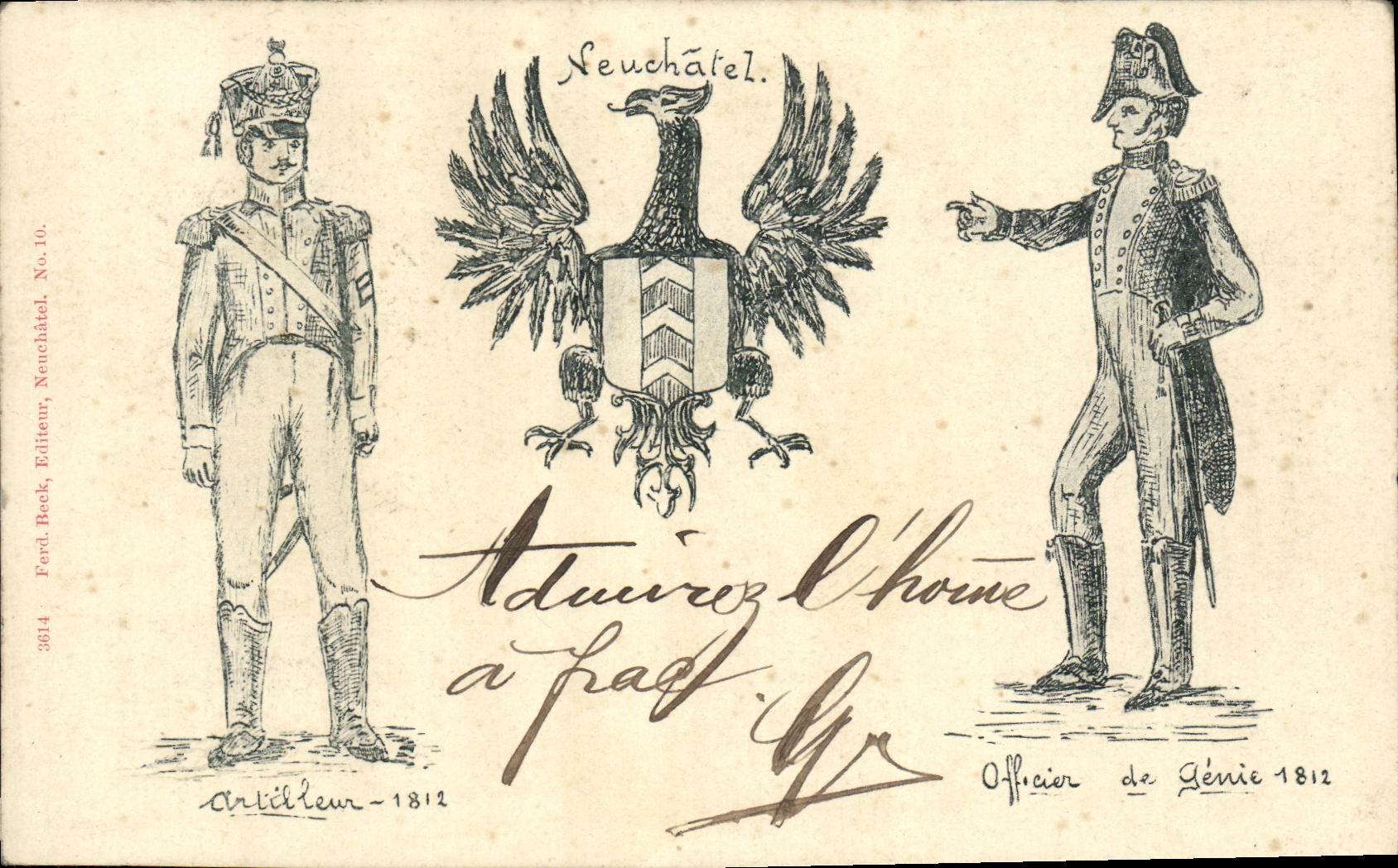 VINTAGE POSTCARD Swiss Neuchatel Eagle Artillerist 1812 genious Officer 1812 Militaria Chart 1899