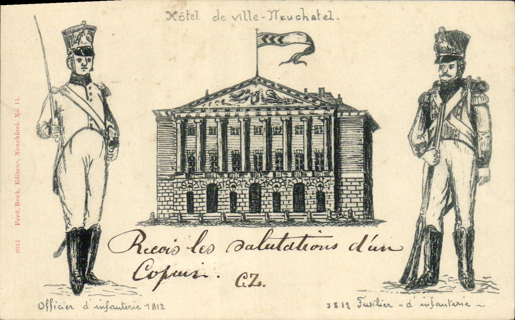 VINTAGE POSTCARD Swiss Neuchatel Officer D infantry 1812 Fusilier D infantry Militaria Chart 1899