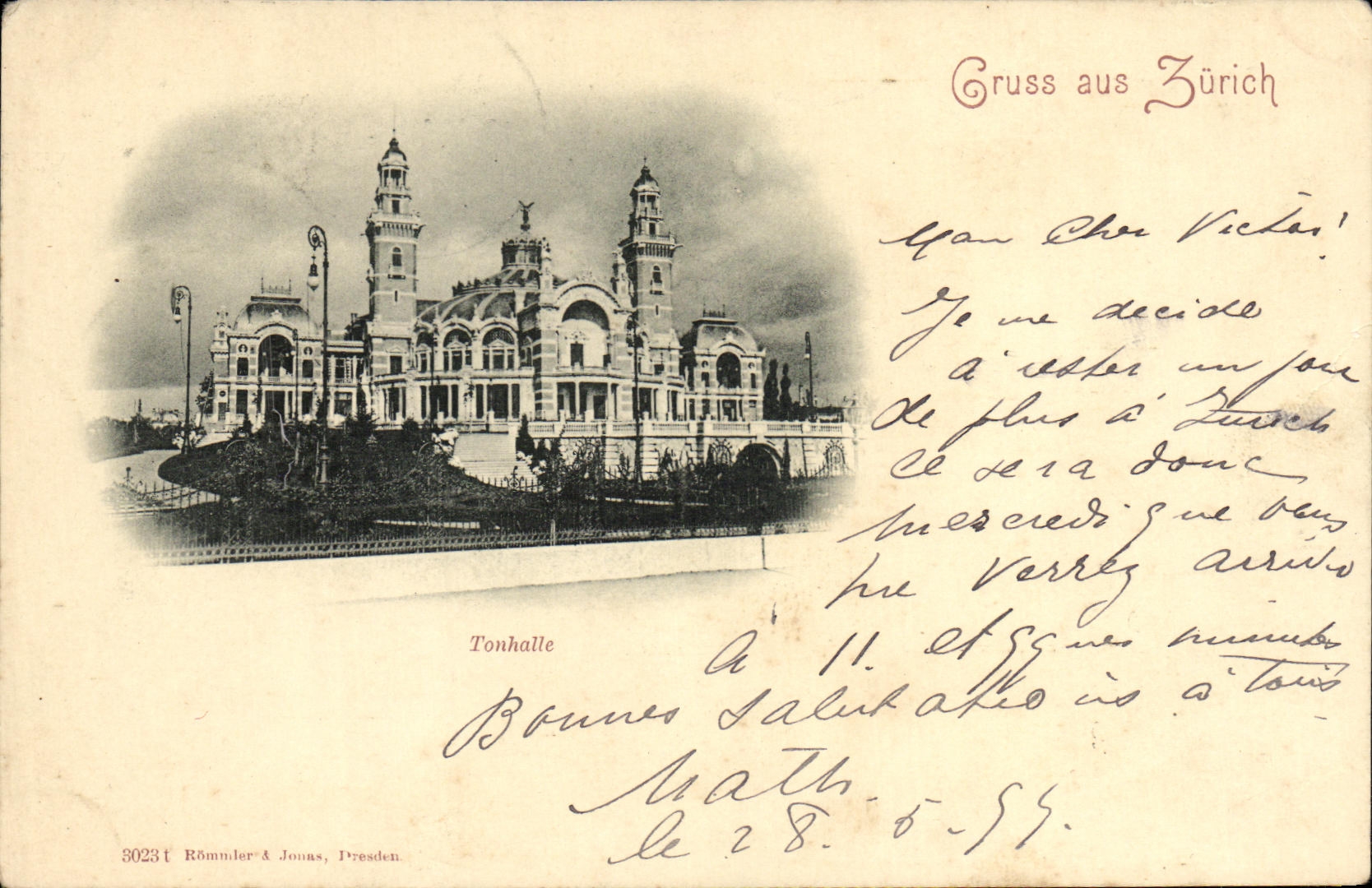 VINTAGE POSTCARD Swiss Zurich Tonhalle chart 1899