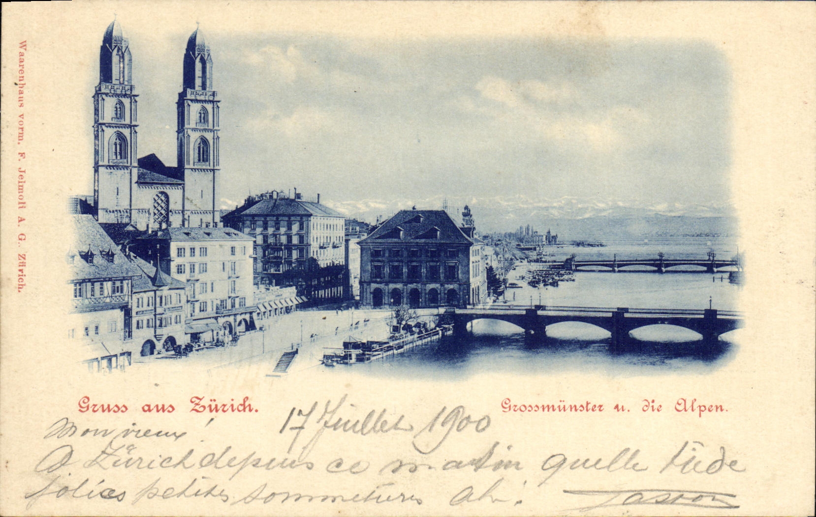 VINTAGE POSTCARD Swiss Zurich Grossmunster U die Alpen