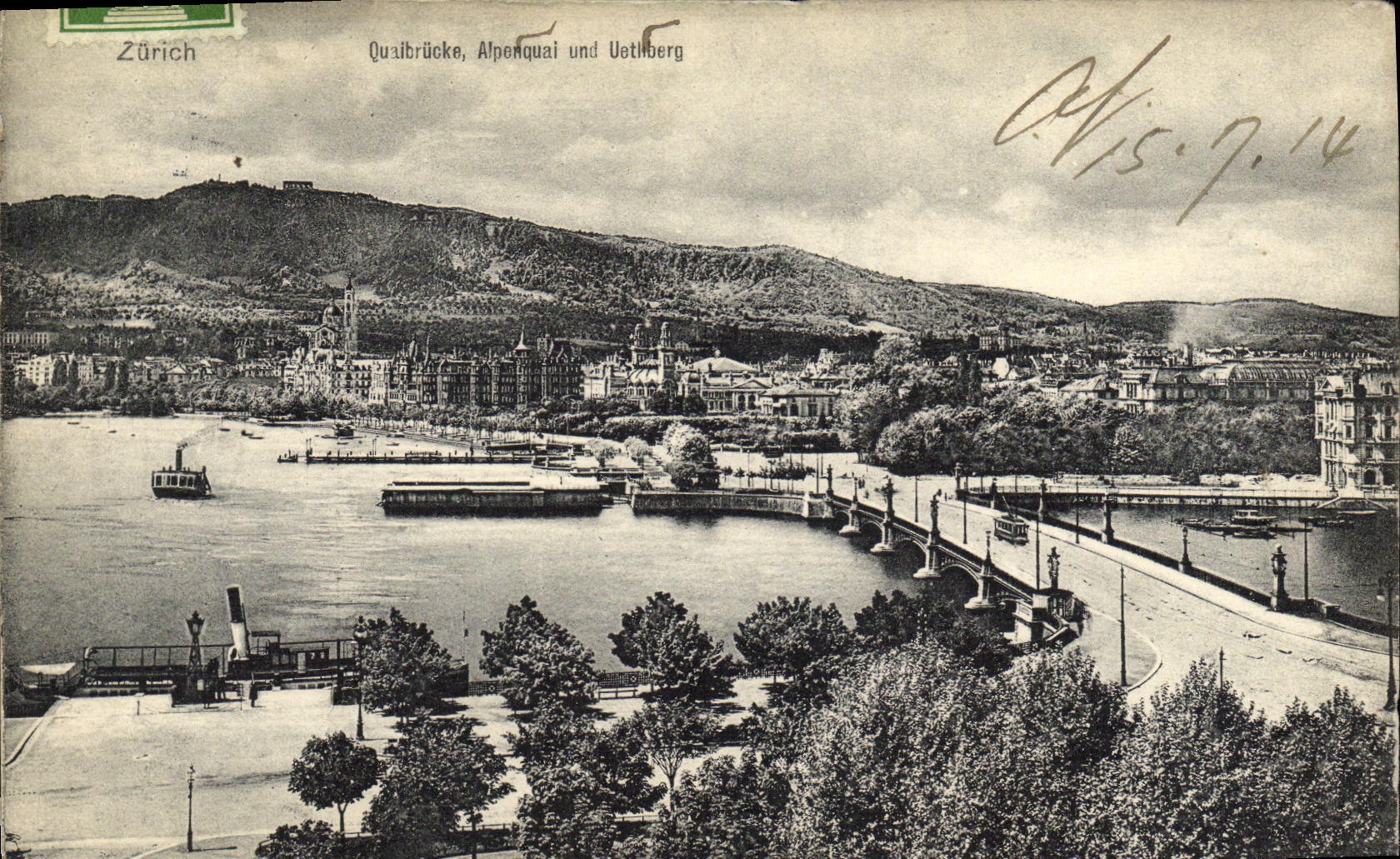 VINTAGE POSTCARD Swiss Zurich Quaibrucke Alpenquai und Uetlberg