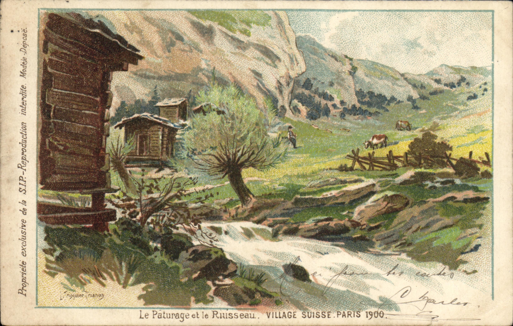 VINTAGE POSTCARD Swiss the pasture and the Swiss brook Village Paris 1900