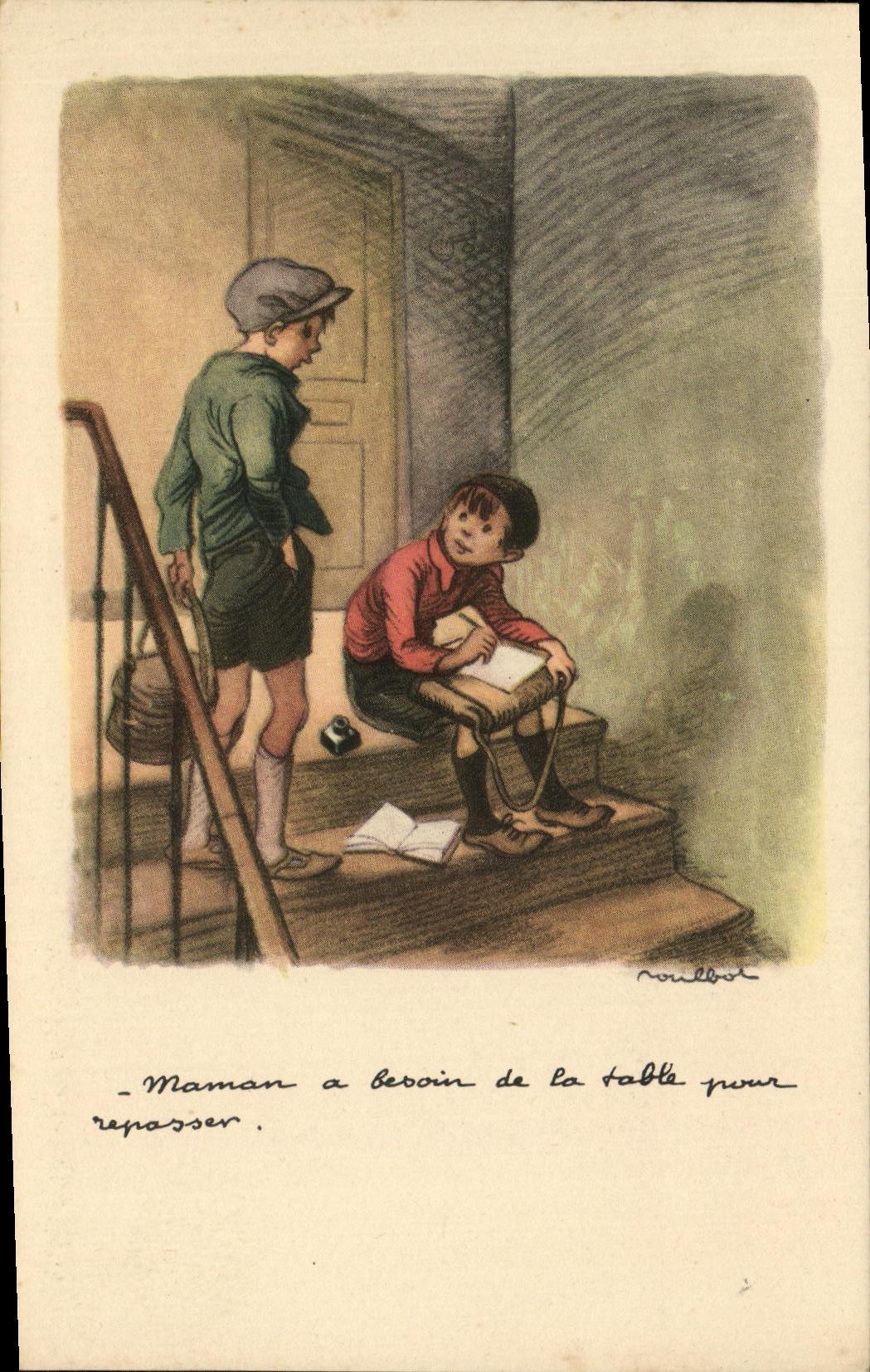 CPA Fantaisie Enfants Illustrateur Poulbot Maman a besoin de la table pour repasser