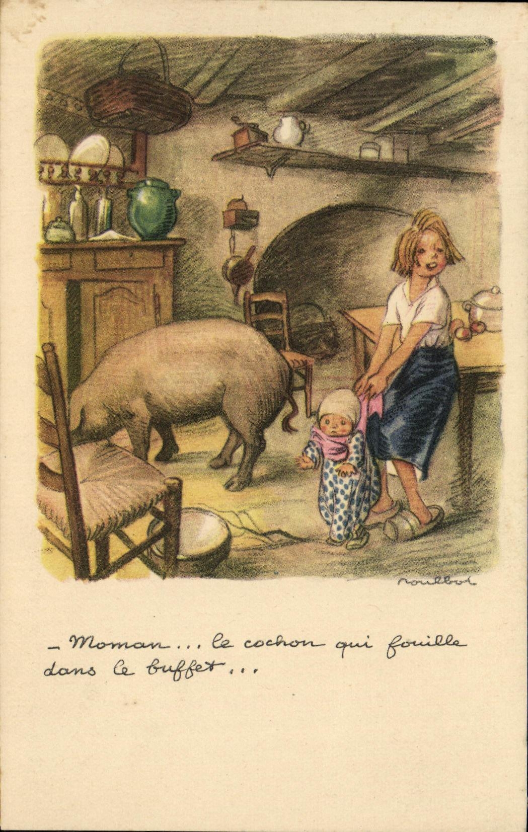 CPA Fantaisie Enfants Illustrateur Poulbot Maman le cochon qui fouille dans le buffet 