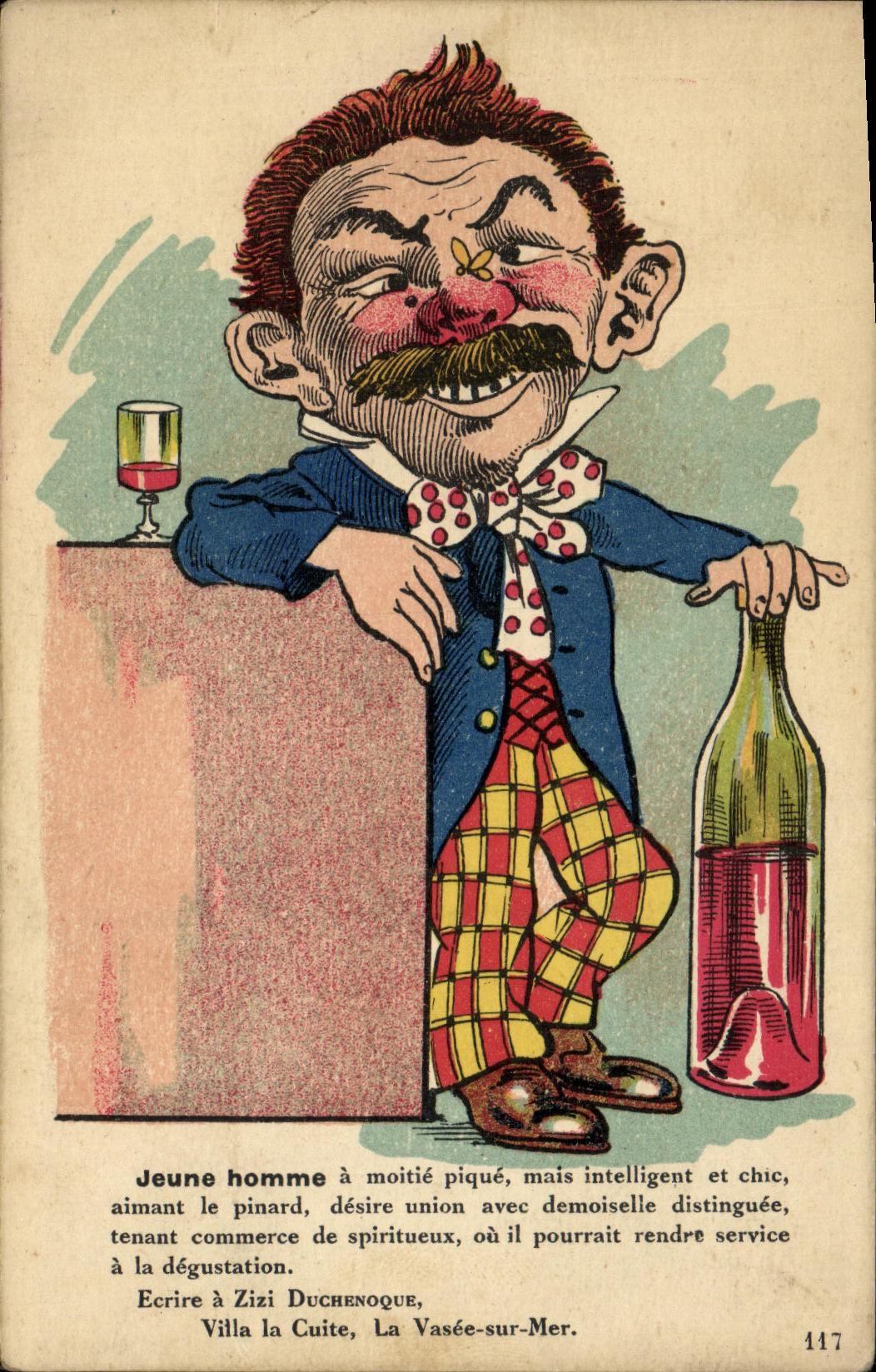 VINTAGE POSTCARD Fantaisie Illustrator Young man has half pricks Alcool
