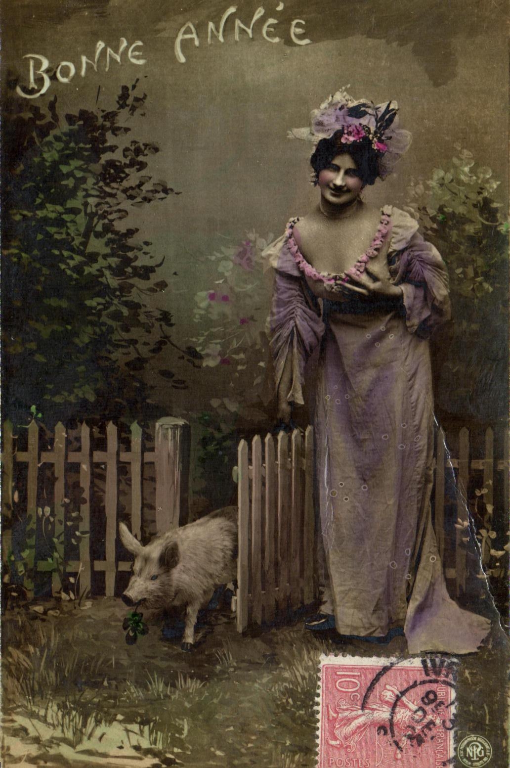 VINTAGE POSTCARD Fantasy Woman Pig