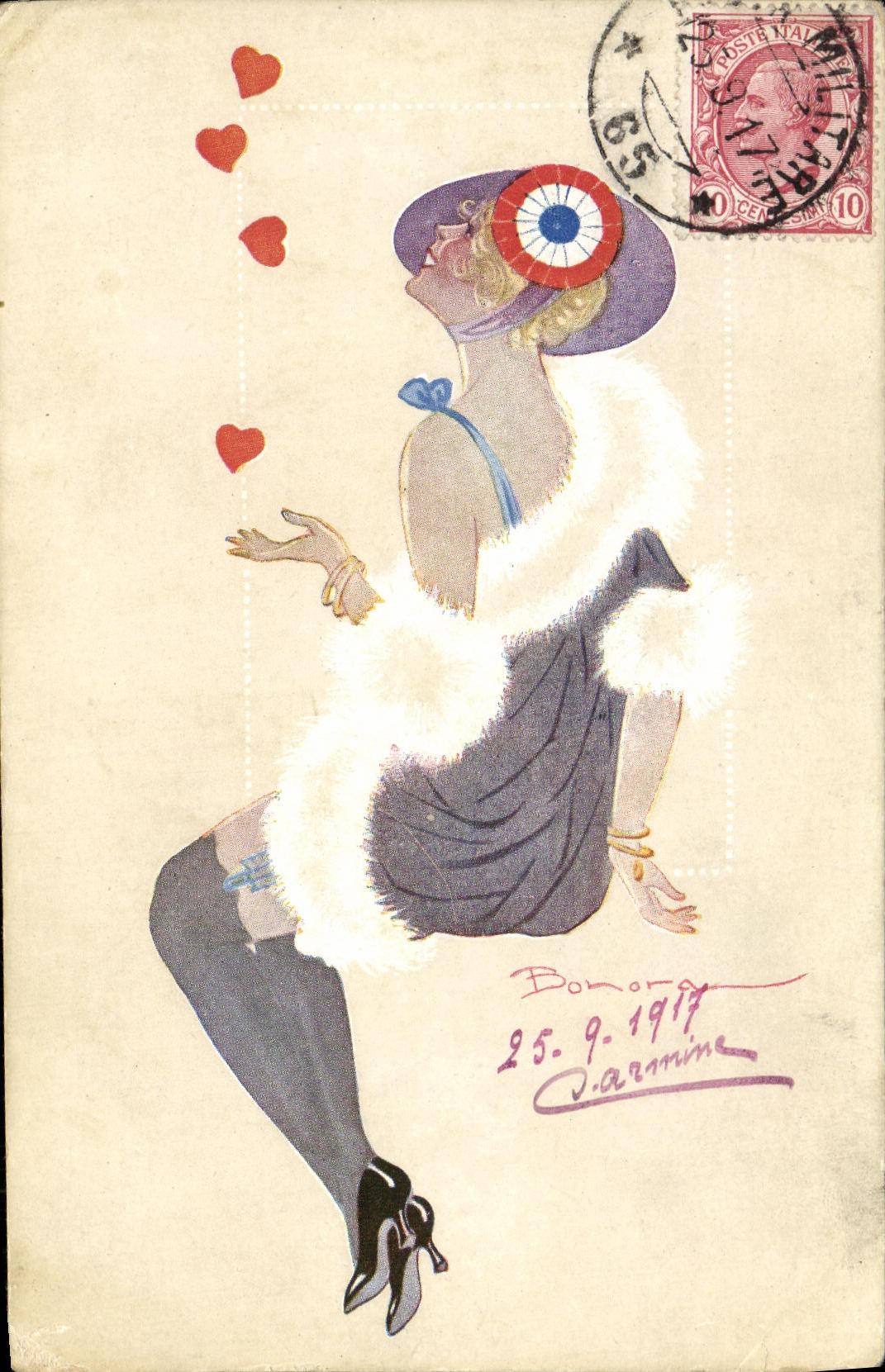 VINTAGE POSTCARD Fantasy Woman Rosette Hearts