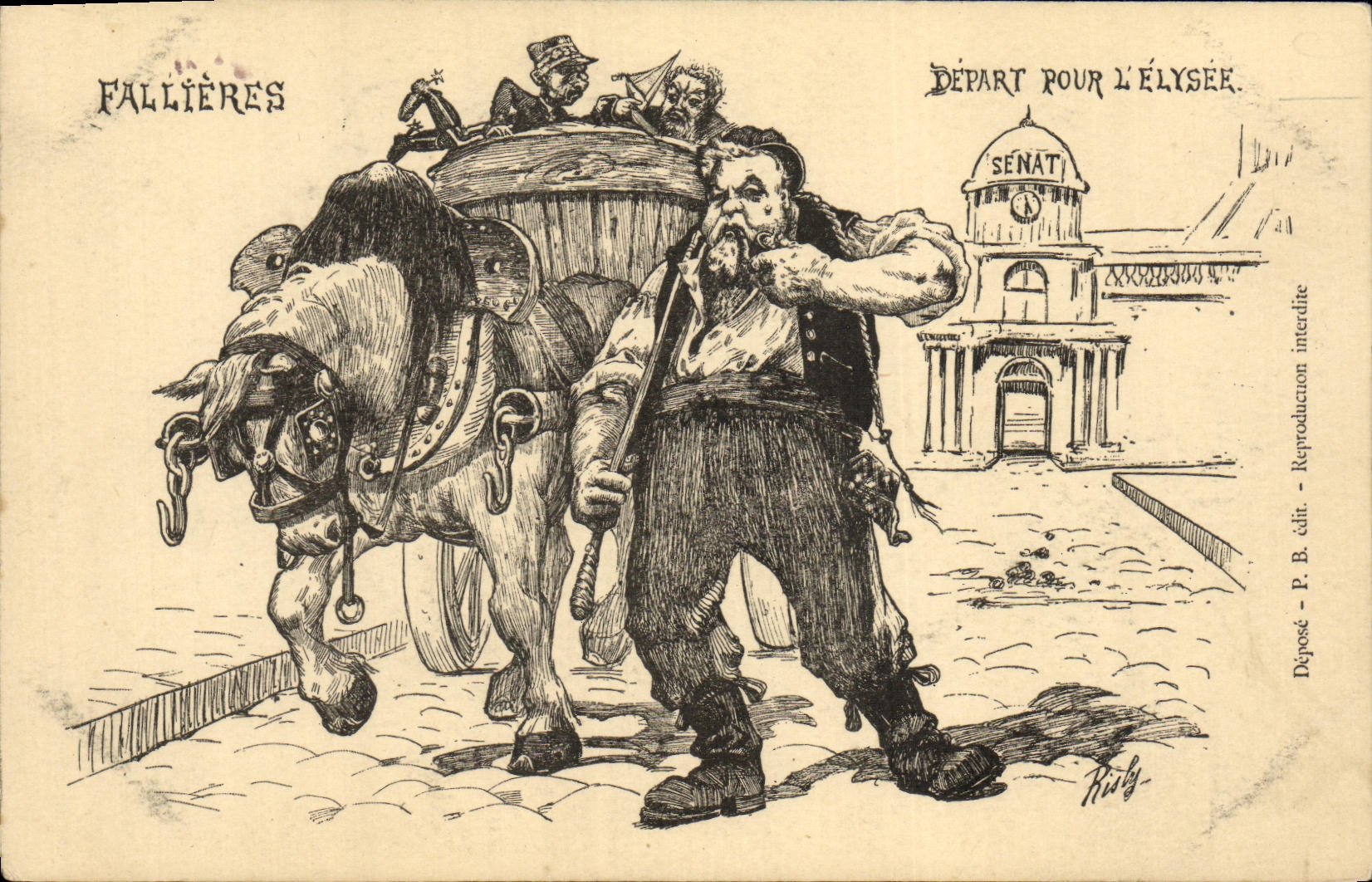 Presidente de la POSTAL de la VENDIMIA de la salida de Fallieres de la república para el senado del caballo del Elysium