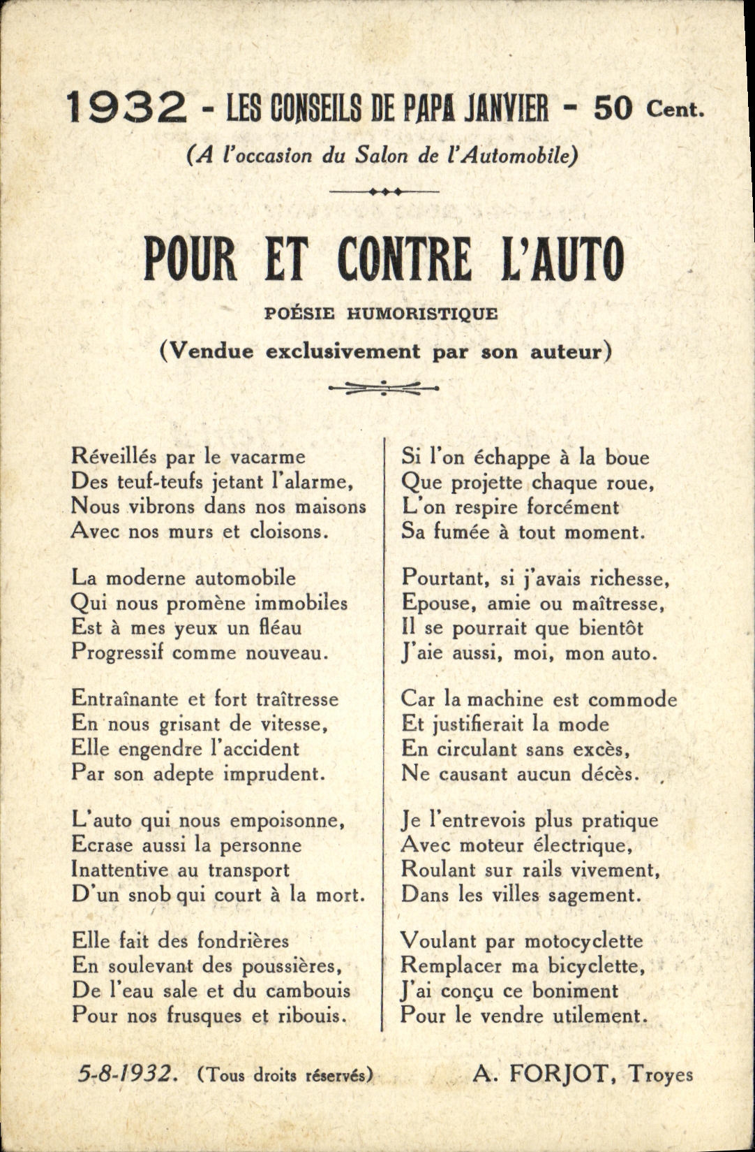 VINTAGE POSTCARD Automobile councils of dad Herriot January 1931 For and against the car