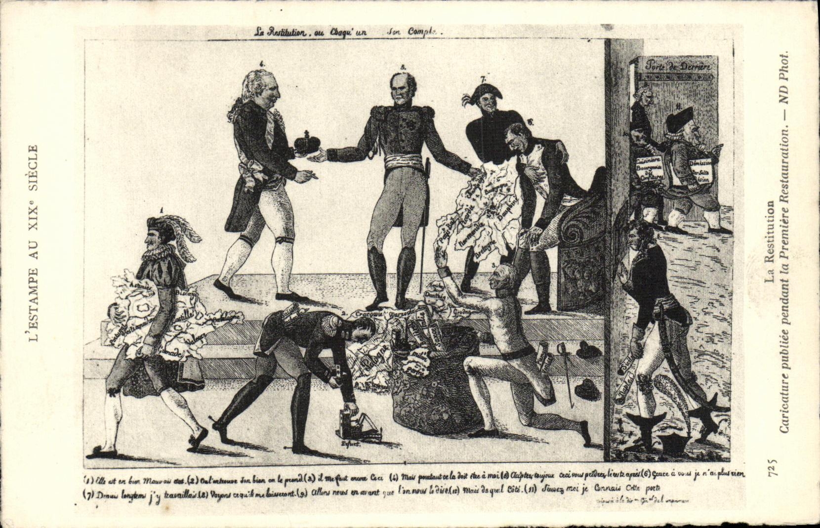 CPA Estampe au 18eme Caricature publiee pendant le premiere Restauration La restitution