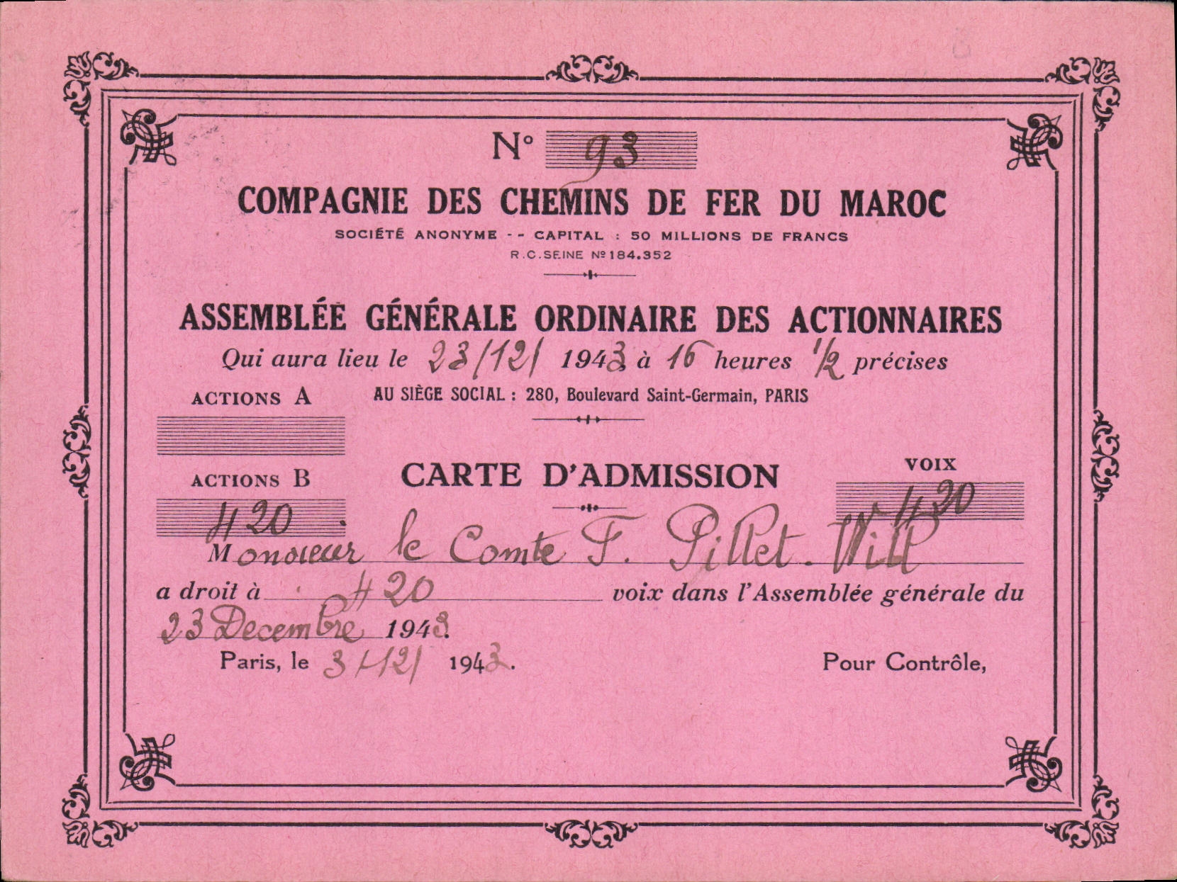 Paperboard Invitation General meeting of the Company of the railroads of Morocco Pintail 1943