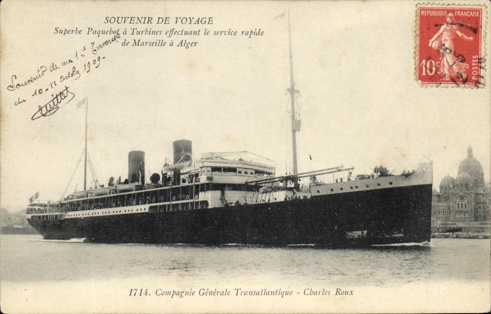 El vapor del recuerdo del recorrido del barco de la POSTAL de la VENDIMIA tiene turbinas el realizar del servicio rápido de Marsella tiene Argel