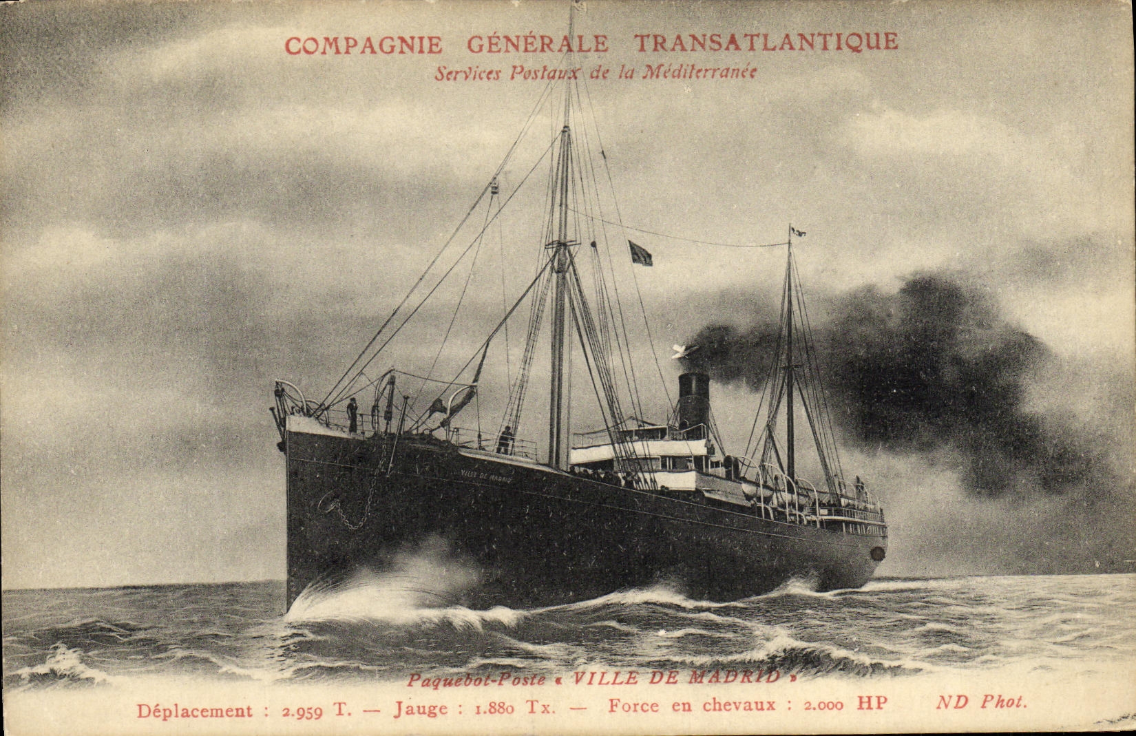 CPA Bateau Compagnie Generale Transatlantique Services postaux de la Mediterranee Ville de Madrid 