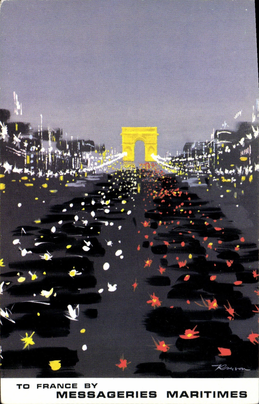 Barco de la POSTAL de la VENDIMIA a Francia por el Champs Elysées marítimo de Messageries París