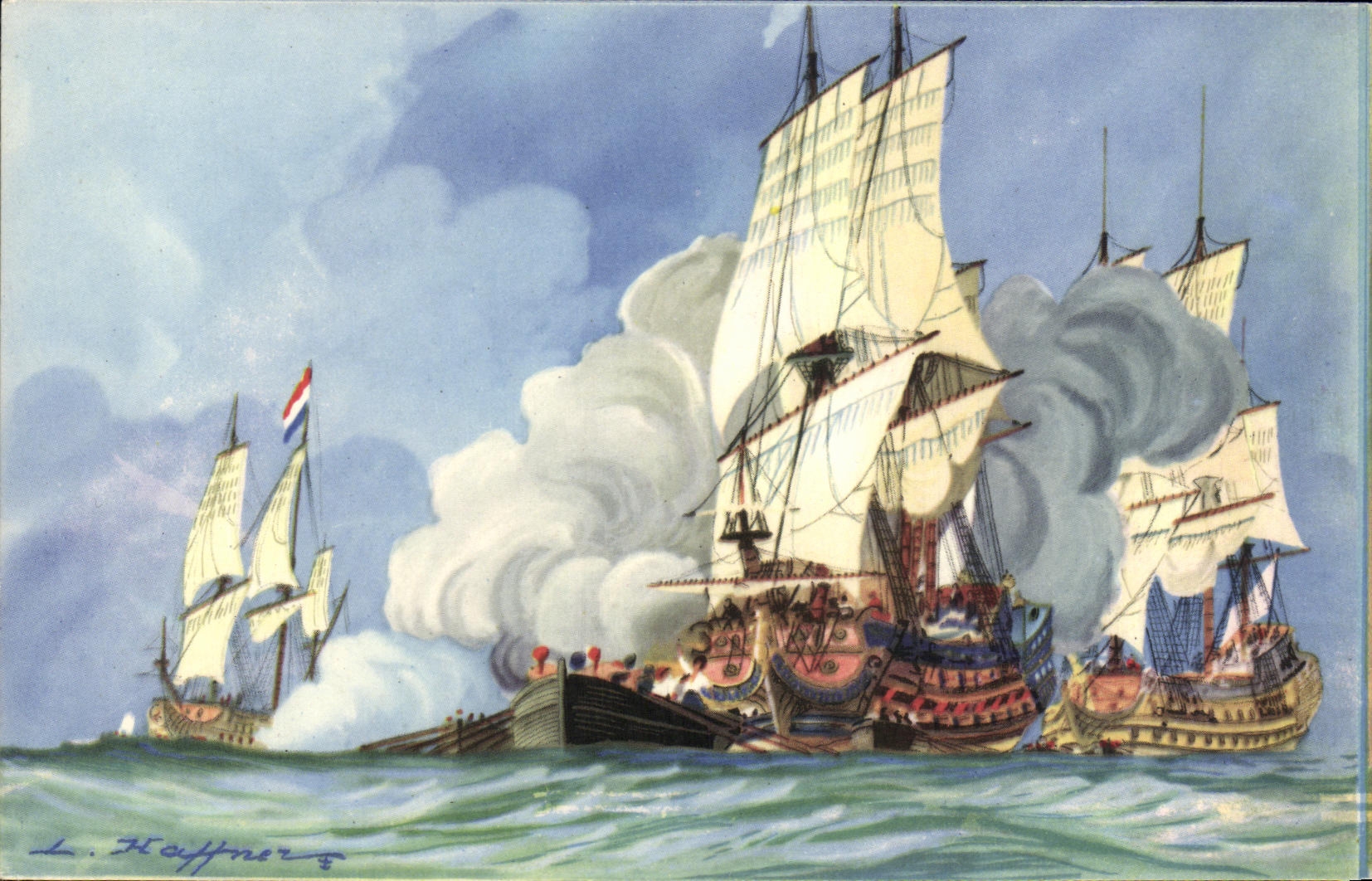 VINTAGE POSTCARD Boat Haffner Beginning of the Battle of Bevexiers
