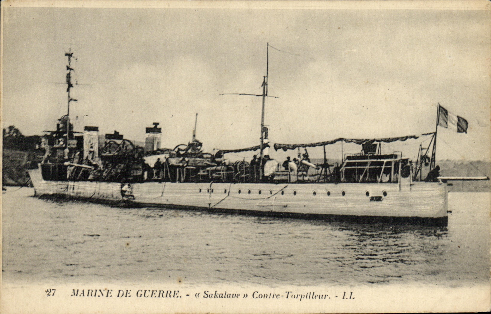 VINTAGE POSTCARD Navy Sakalave Boat Against destroyer