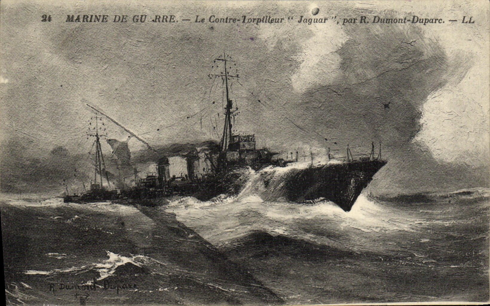 VINTAGE POSTCARD Navy Against destroyer Jaguar by Dumont Duparc