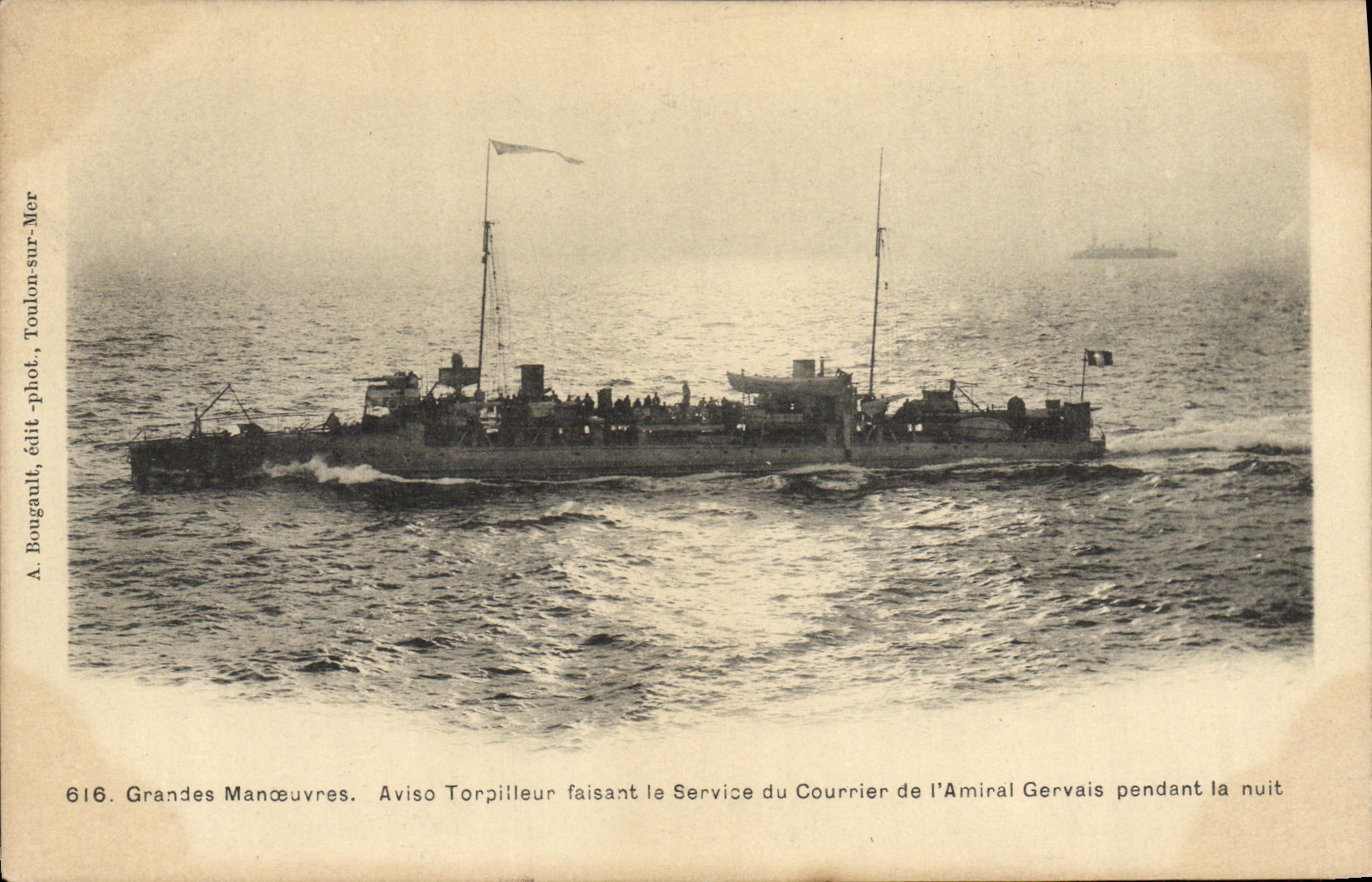 VINTAGE POSTCARD Army maneuvers Sloop Destroyer making the Registry of the Admiral Gervais during the night