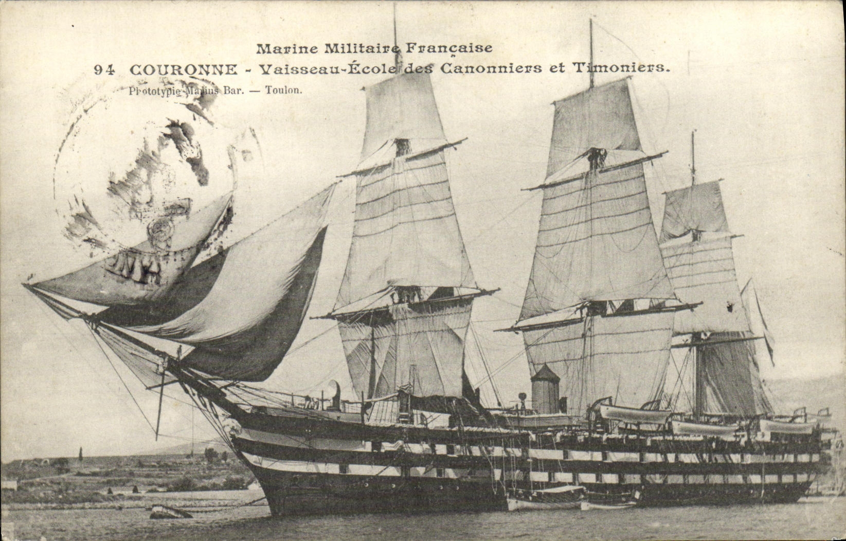 VINTAGE POSTCARD Bateau French Navy Crowns Vessel School of the Gunners and Quartermasters