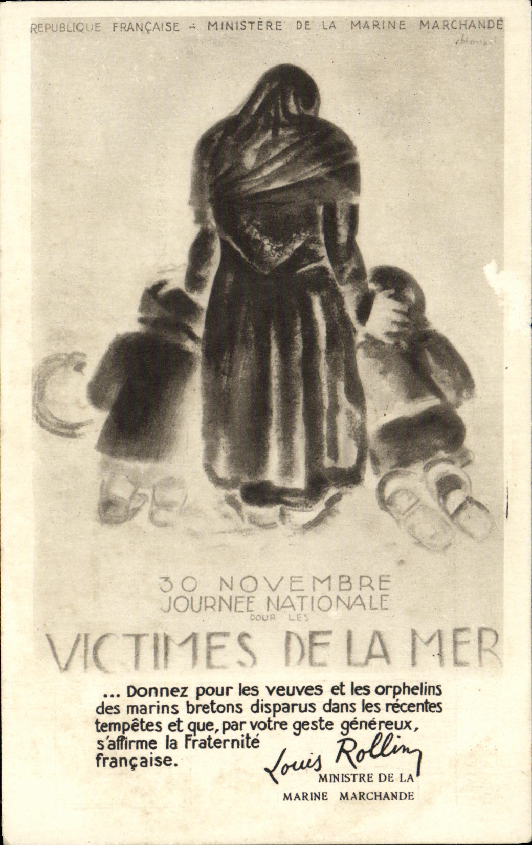 VINTAGE POSTCARD Boat Victims Of the Sea November 30th Louis Rollin Minsitre of the Merchant navy