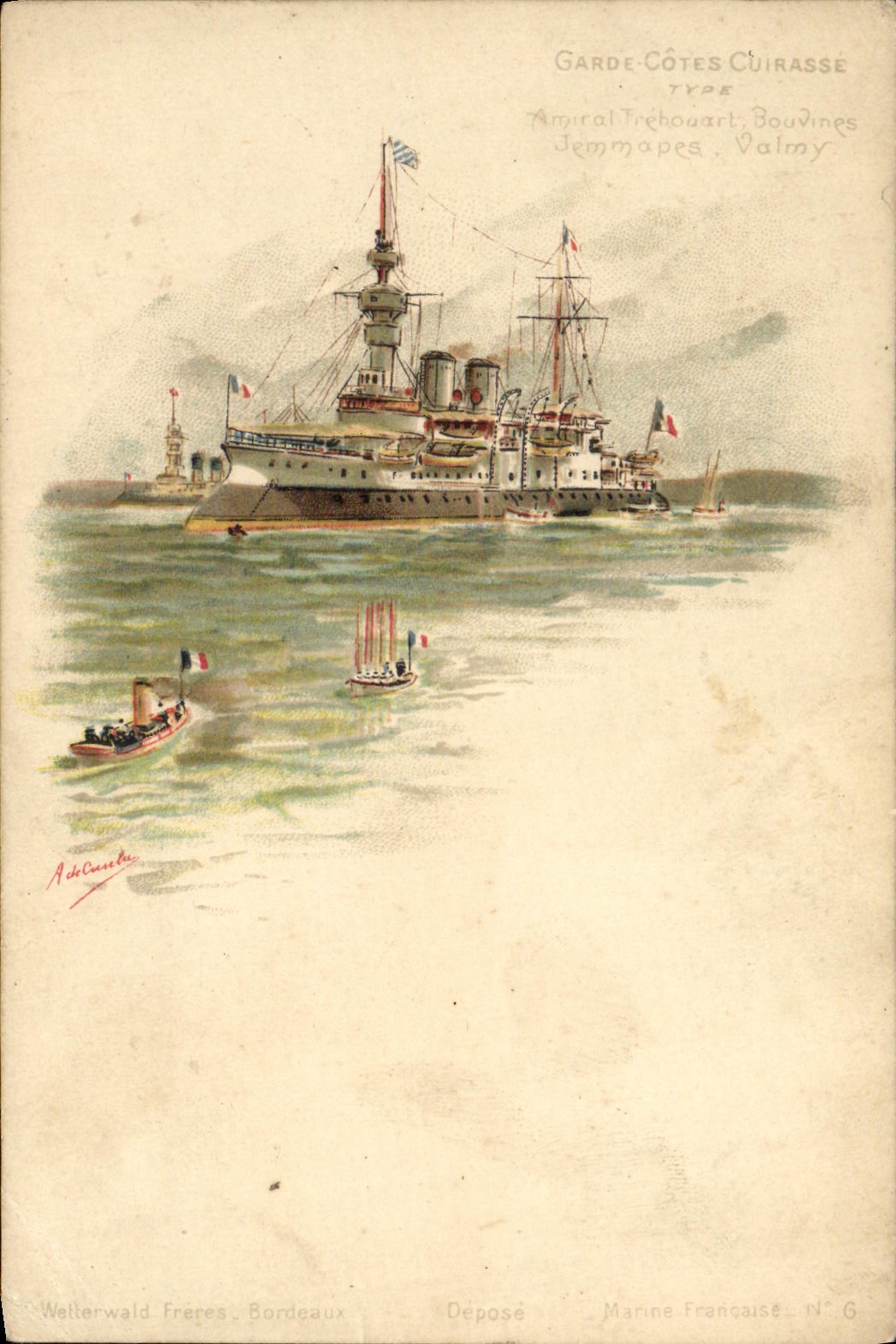 CPA Bateau Garde cotes Cuirasse Amiral Trehouart Bouvines Jemmapes Valmy 