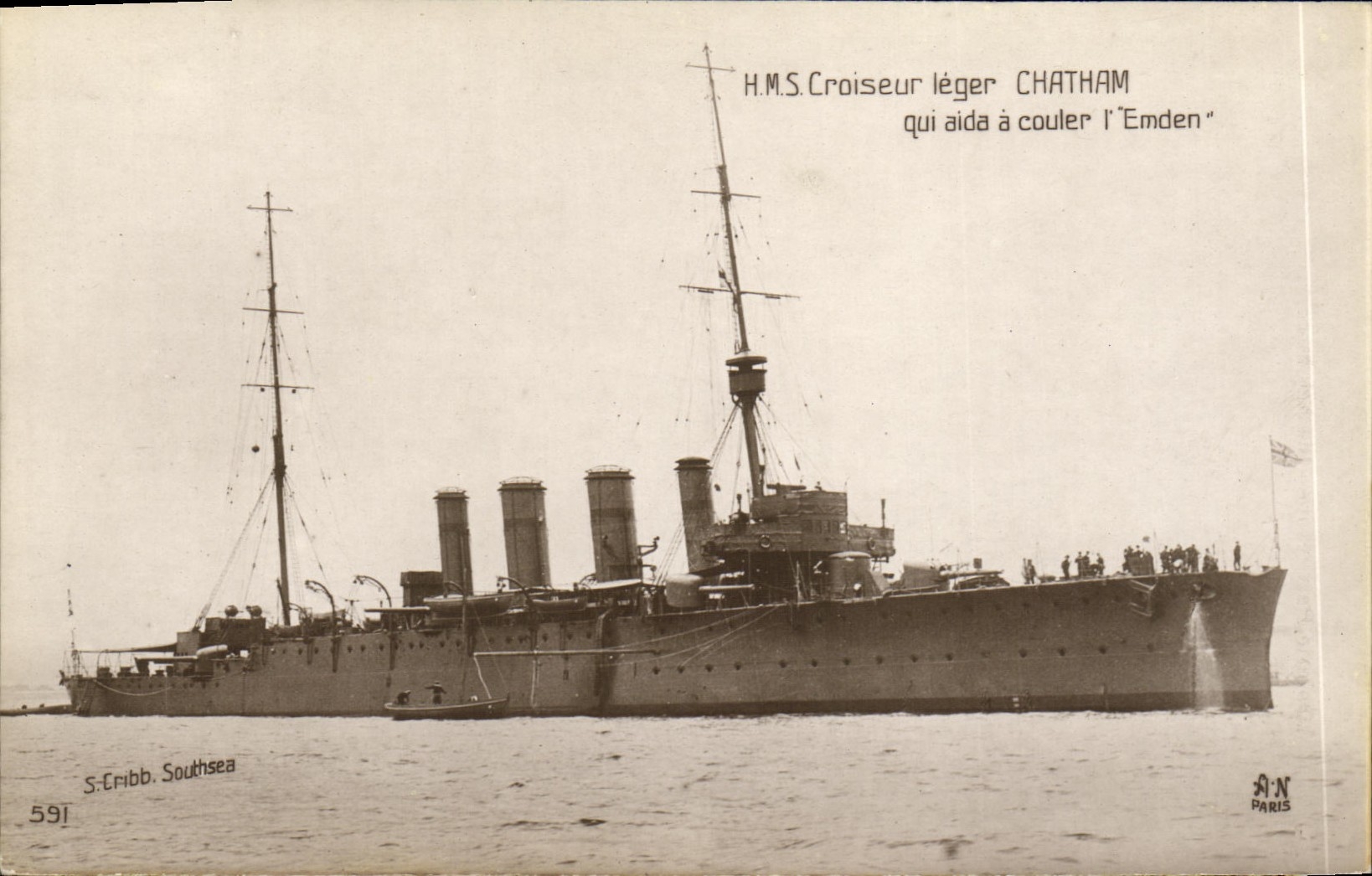 VINTAGE POSTCARD Boat Light Cruiser Chatham Which Helped To run Emden