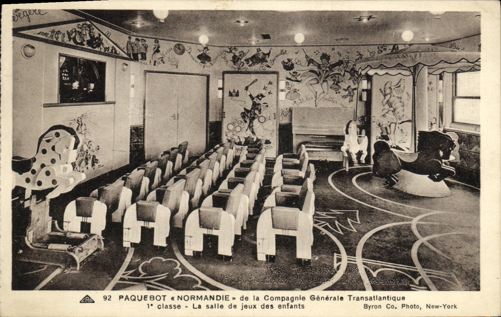 Barco interior de la POSTAL de la VENDIMIA del vapor de Normandía de la 1ra clase Transatlantic General Company los niños del sitio del juego