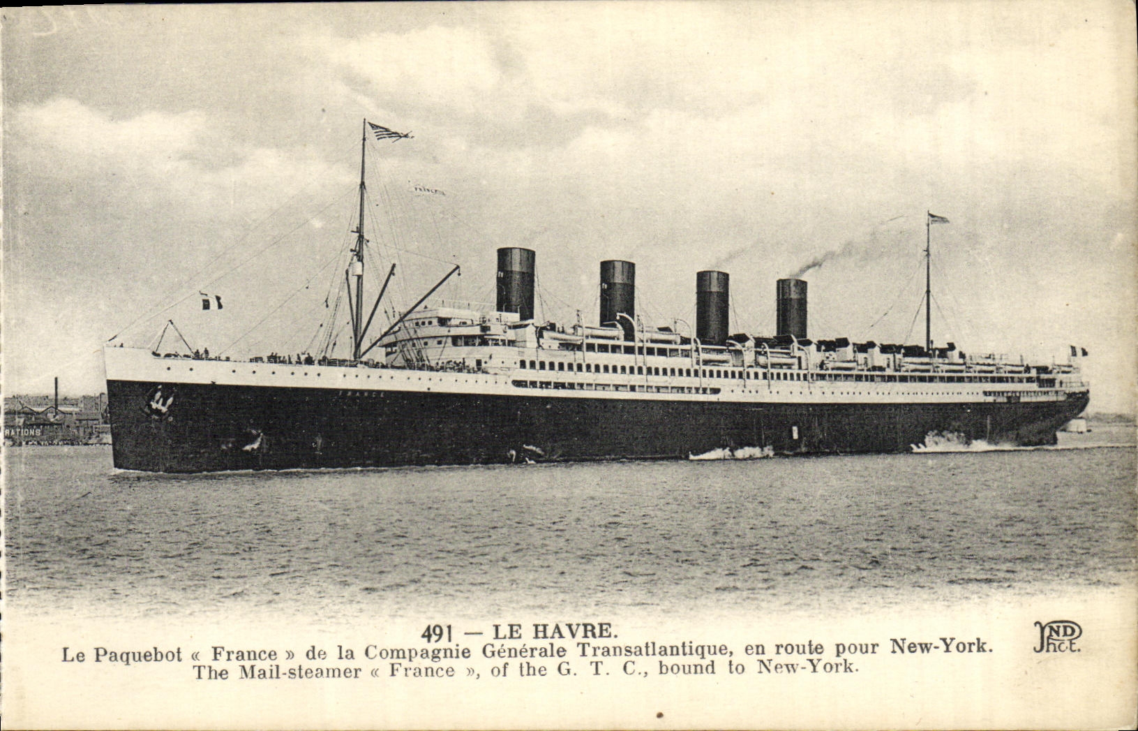 Vapor Francia de Le Havre del barco de la POSTAL de la VENDIMIA de los Transatlantic General Company