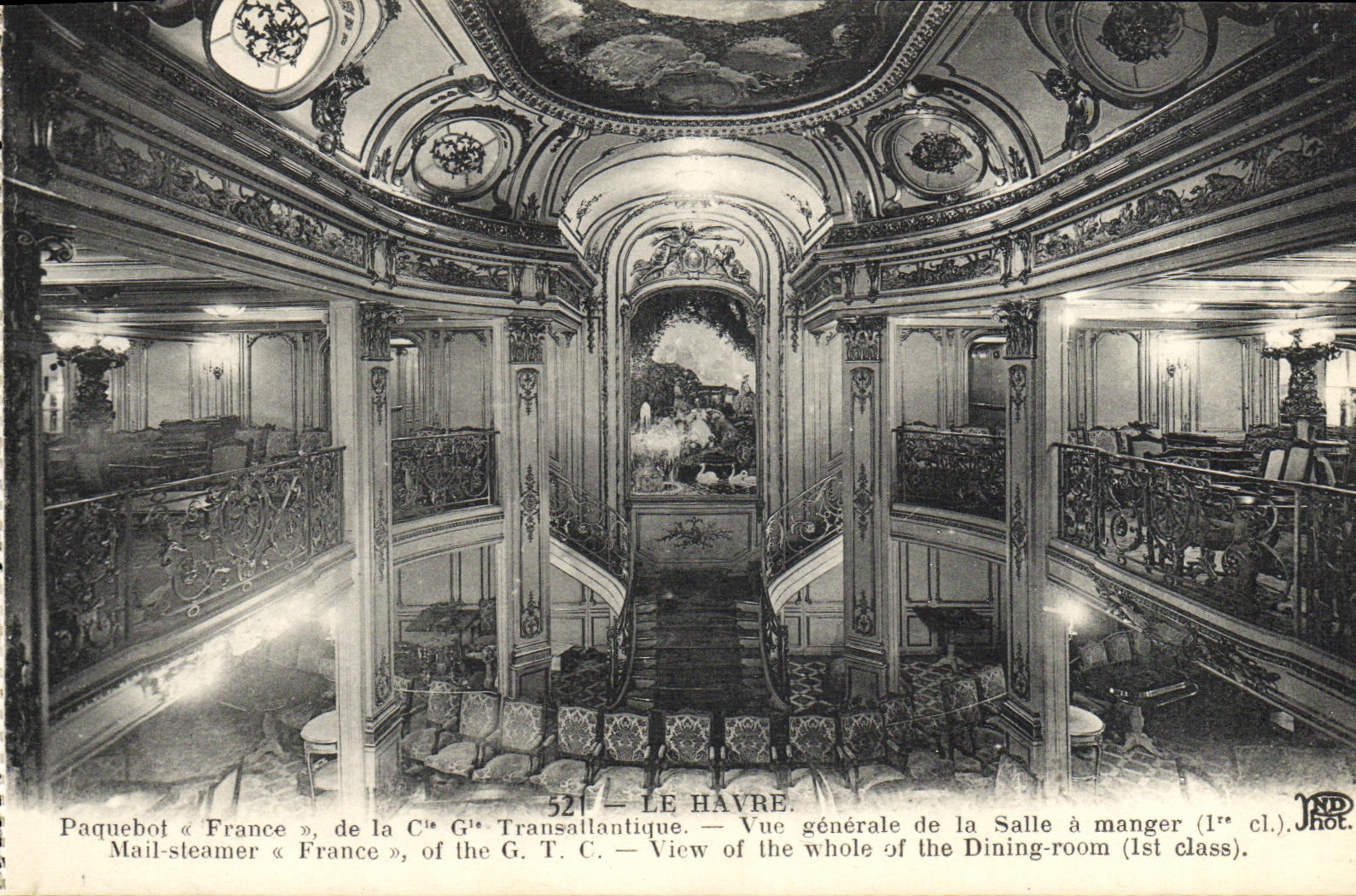 Vapor Francia de Le Havre del barco de la POSTAL de la VENDIMIA de la opinión Transatlantic General Company del comedor